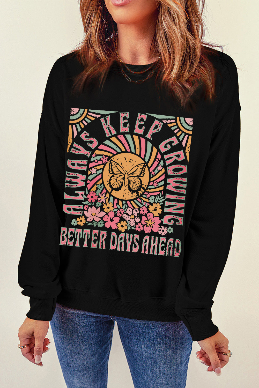 Graphic Round Neck Long Sleeve Sweatshirt - Charming Charlie