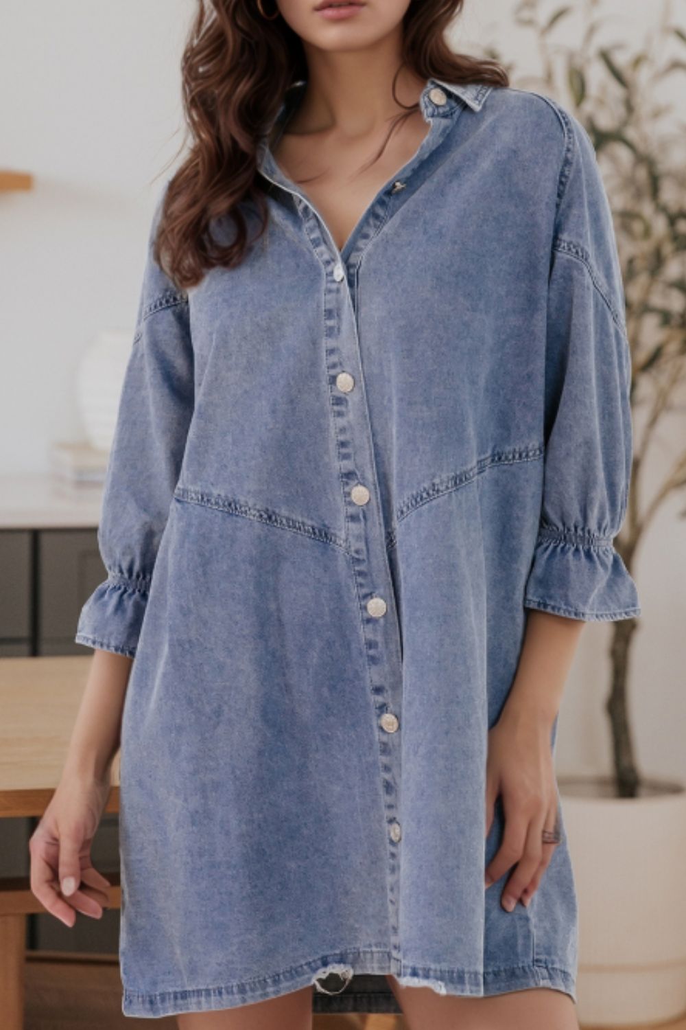 Distressed Collared Neck Flounce Sleeve Denim Dress - Charming Charlie