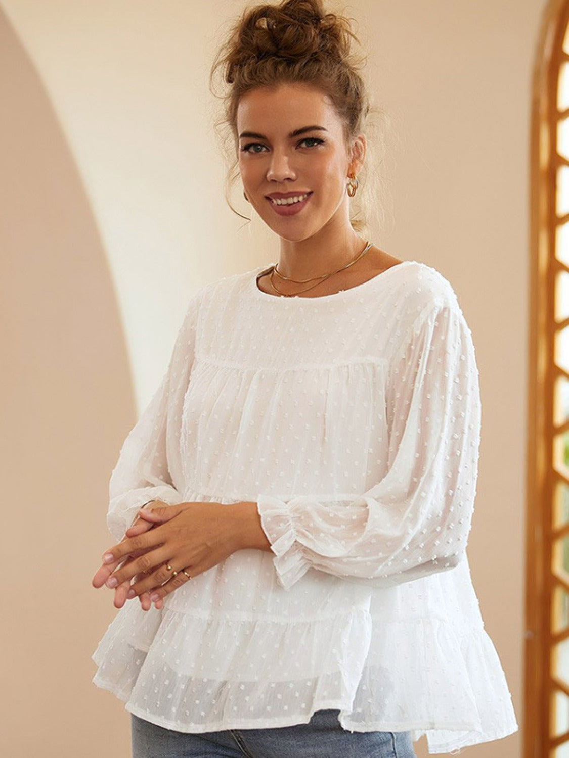 Full Size Swiss Dot Ruffled Round Neck Long Sleeve Blouse - Charming Charlie