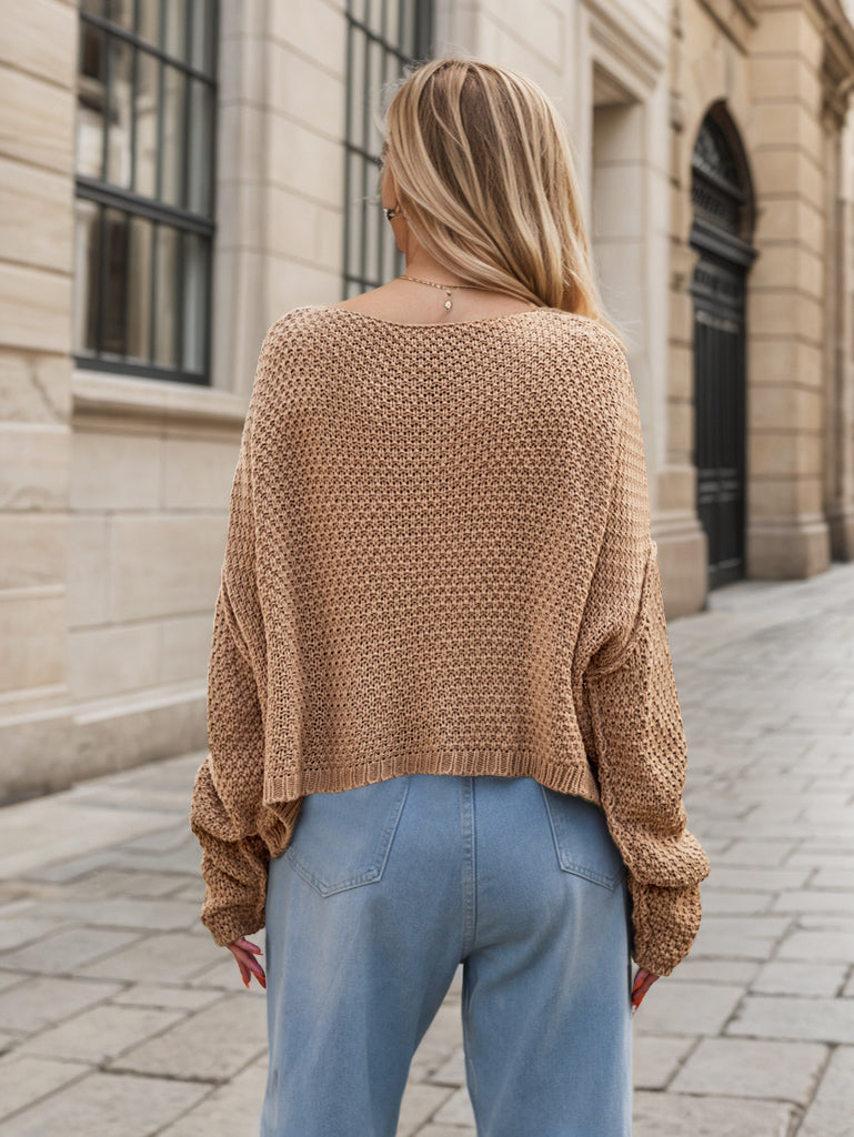 Round Neck Dropped Shoulder Long Sleeve Sweater - Charming Charlie
