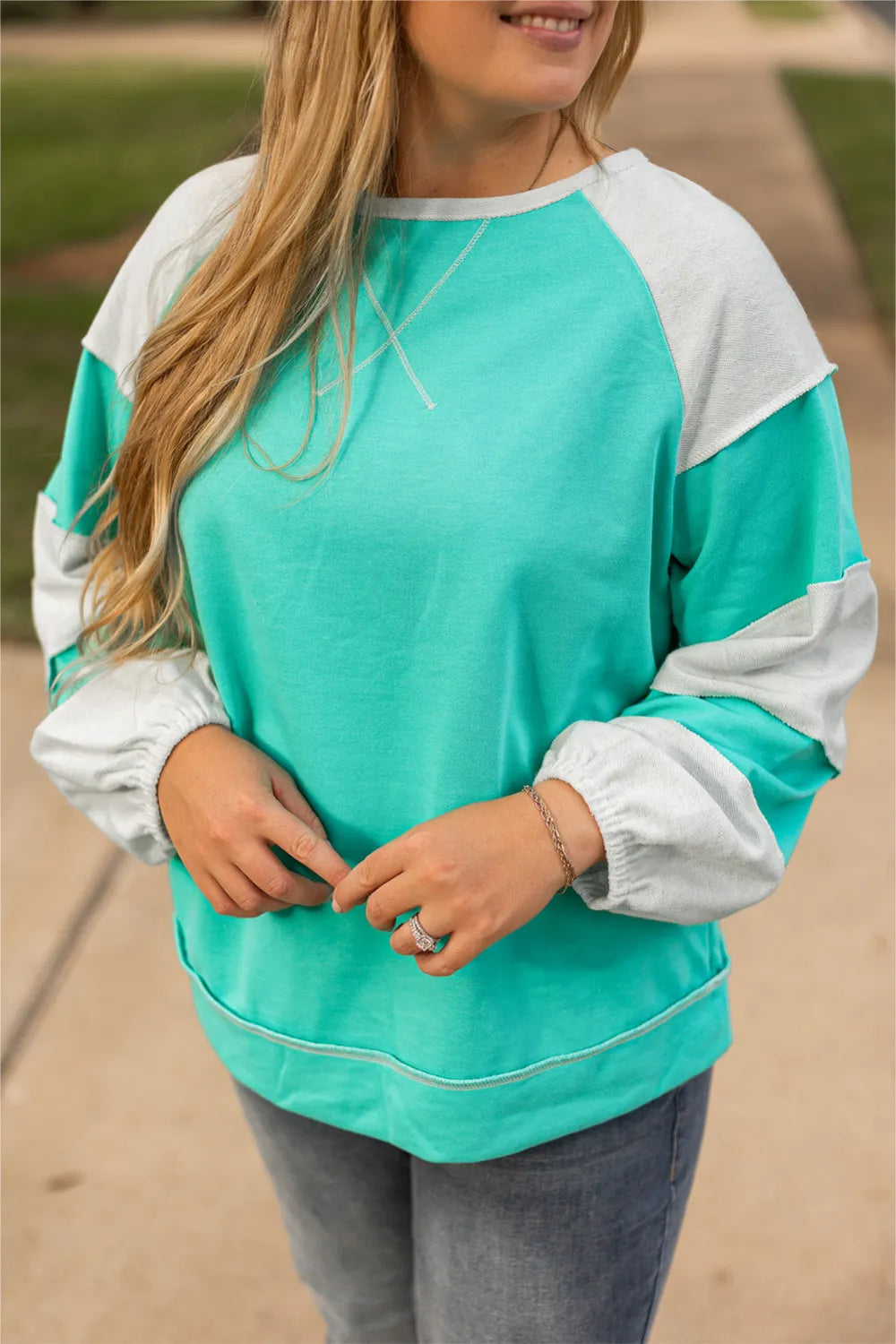 Plus Size Exposed Seam Color Block Long Sleeve Sweatshirt - Charming Charlie