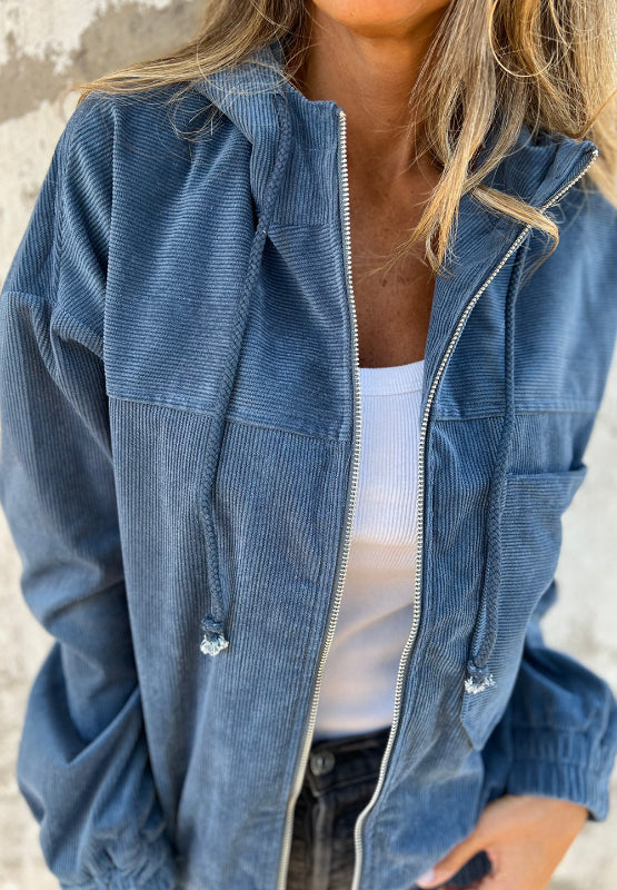 Pocketed Zip Up Long Sleeve Hooded Jacket - Charming Charlie