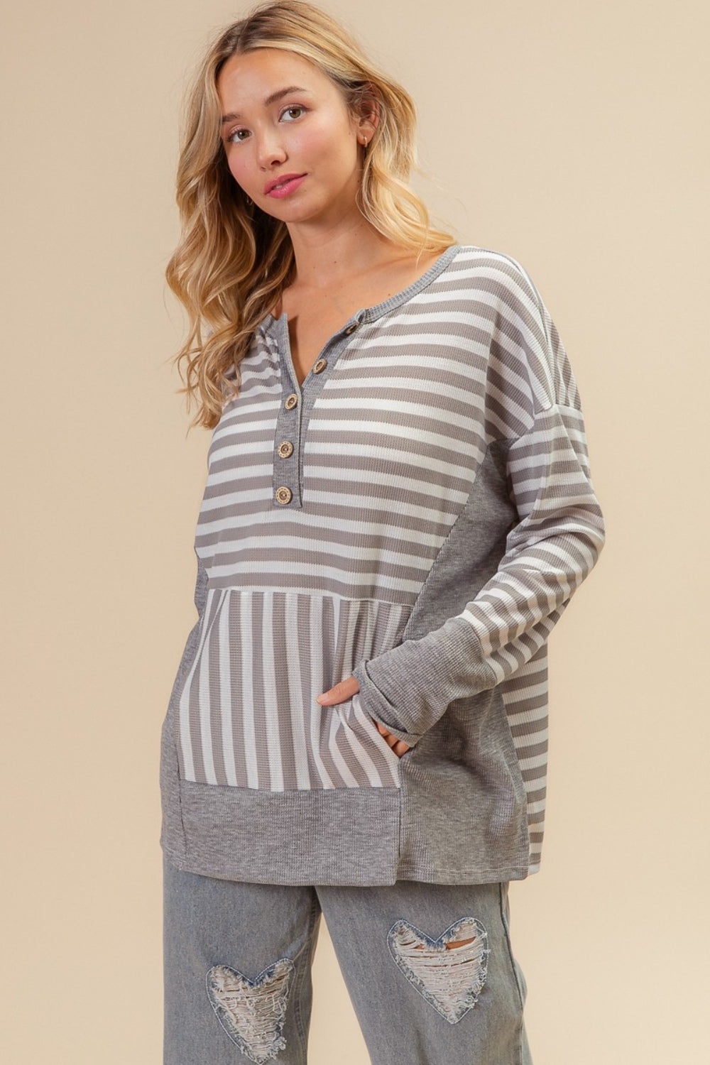 BiBi Striped Thumbhole Long Sleeve Top - Charming Charlie