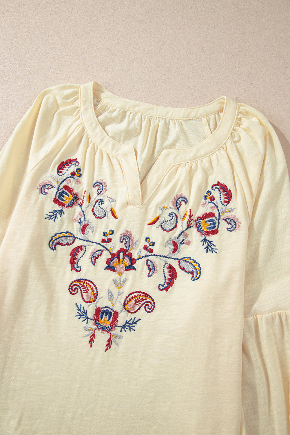 Embroidered Notched Long Sleeve Blouse - Charming Charlie
