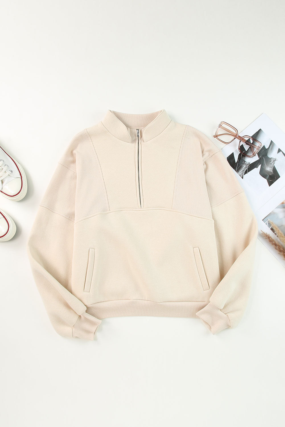 Half Zip Drop Shoulder Long Sleeve Sweatshirt - Charming Charlie