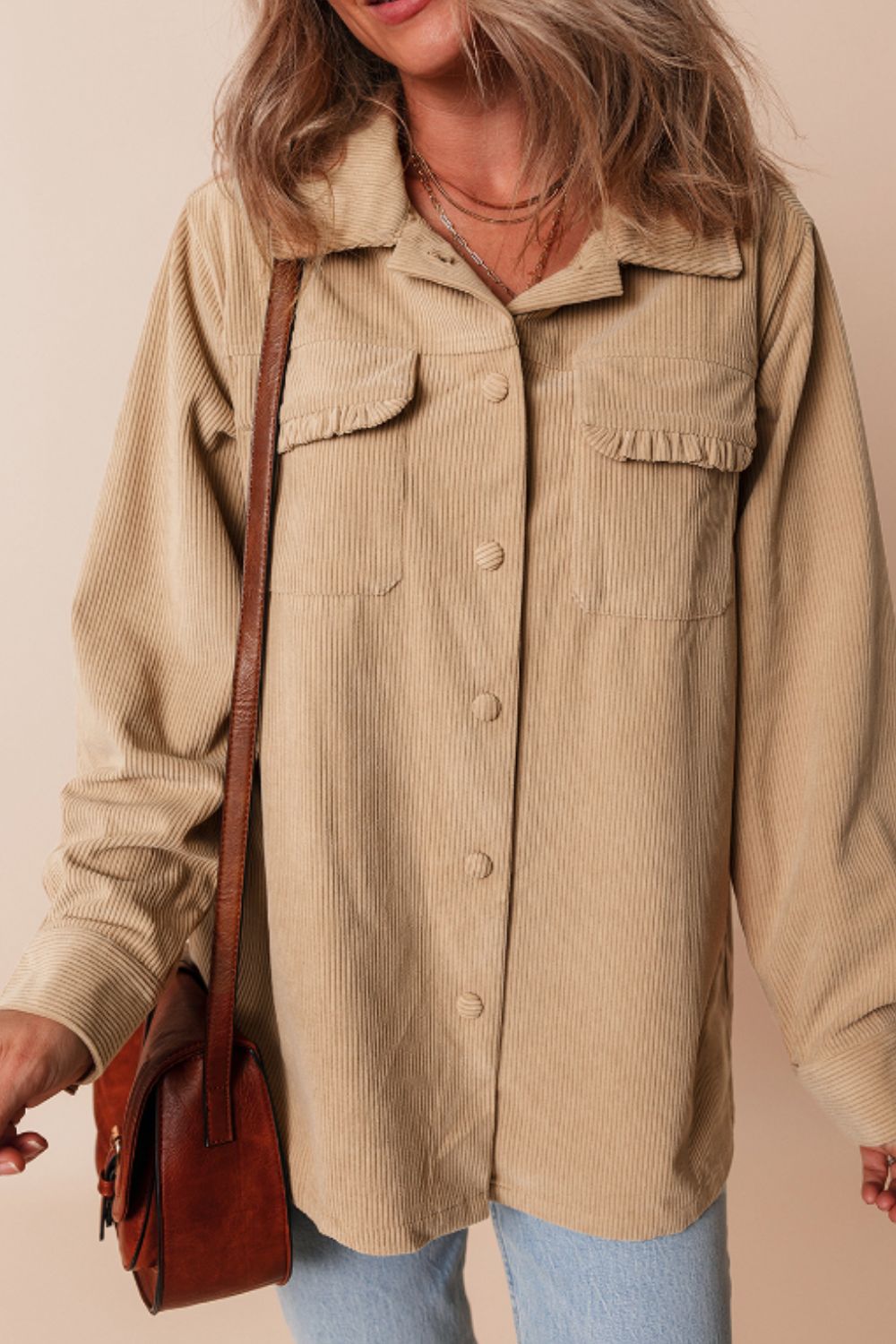Frill Button Up Long Sleeve Shacket - Charming Charlie