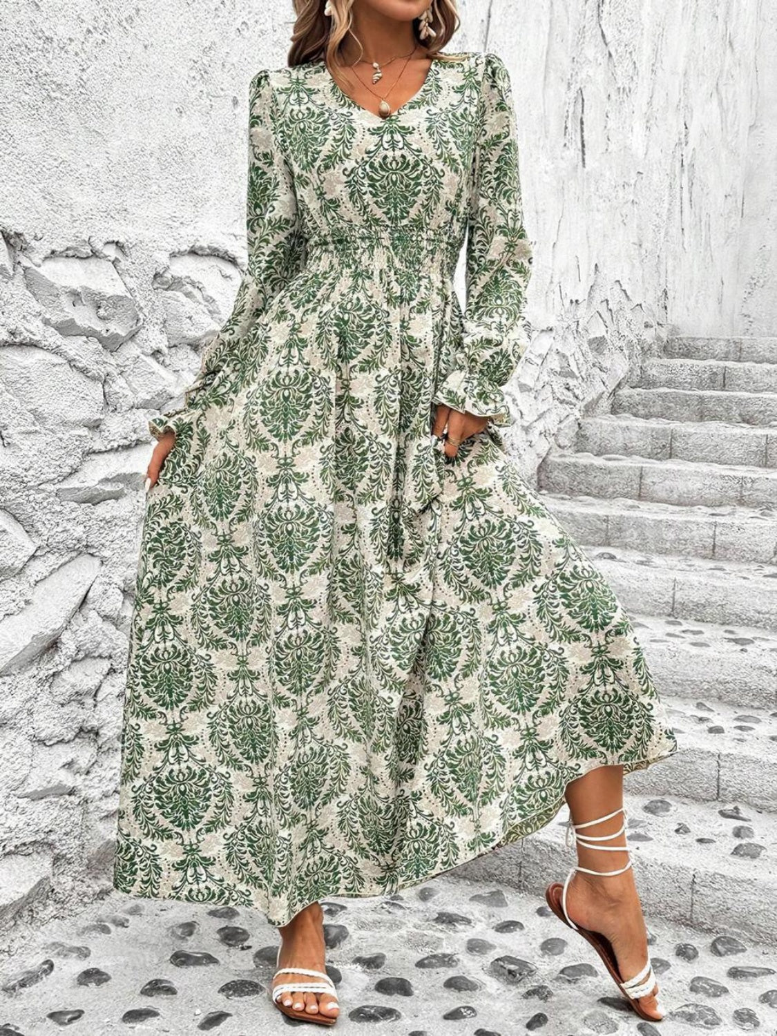 Smocked Printed V-Neck Flounce Sleeve Dress - Charming Charlie