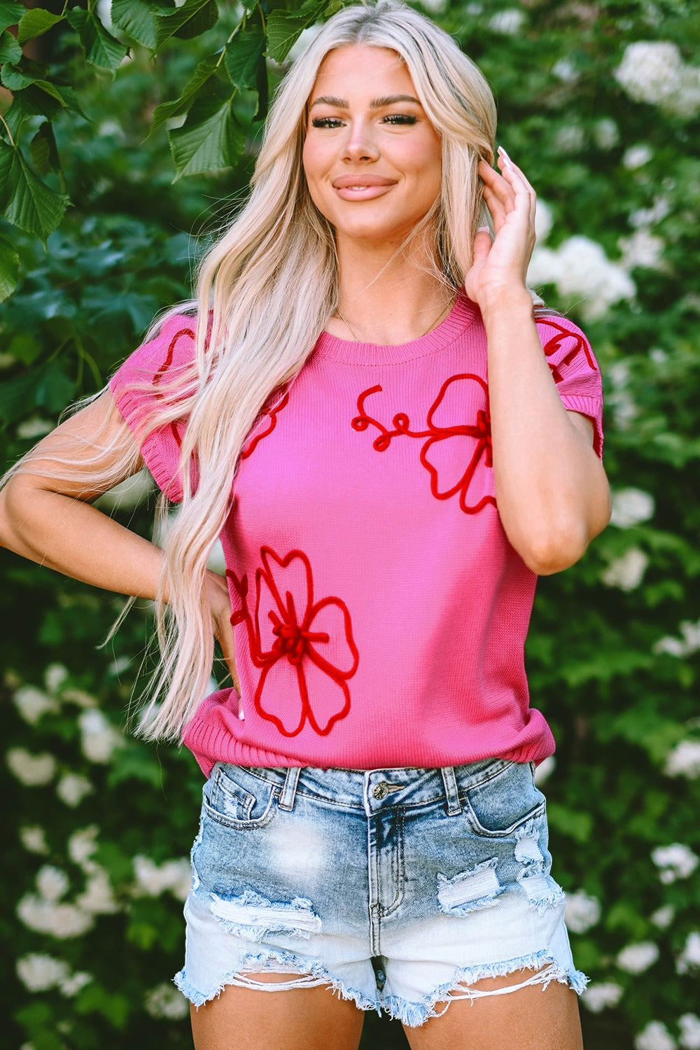 Crochet Flower Round Neck Cap Sleeve Sweater - Charming Charlie
