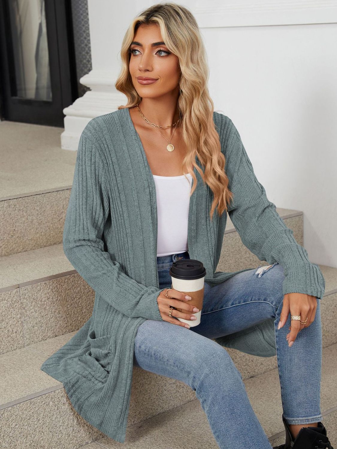 Pocketed Open Front Long Sleeve Cardigan - Charming Charlie