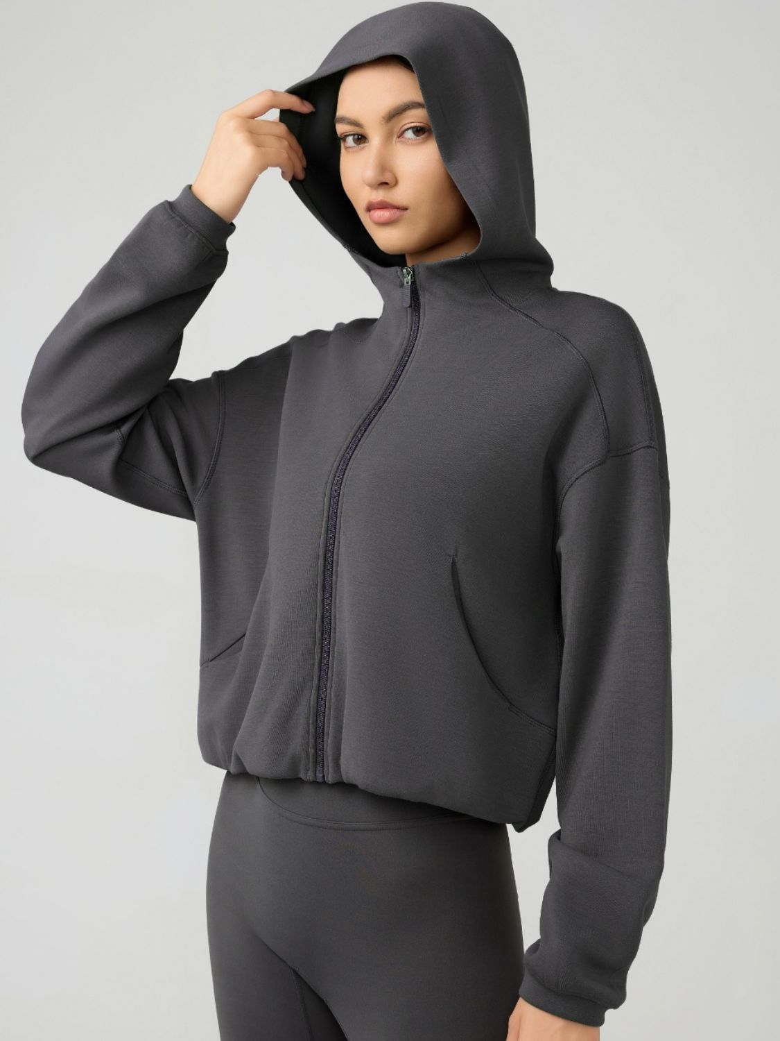 Zip Up Dropped Shouder Active Hooded - Charming Charlie