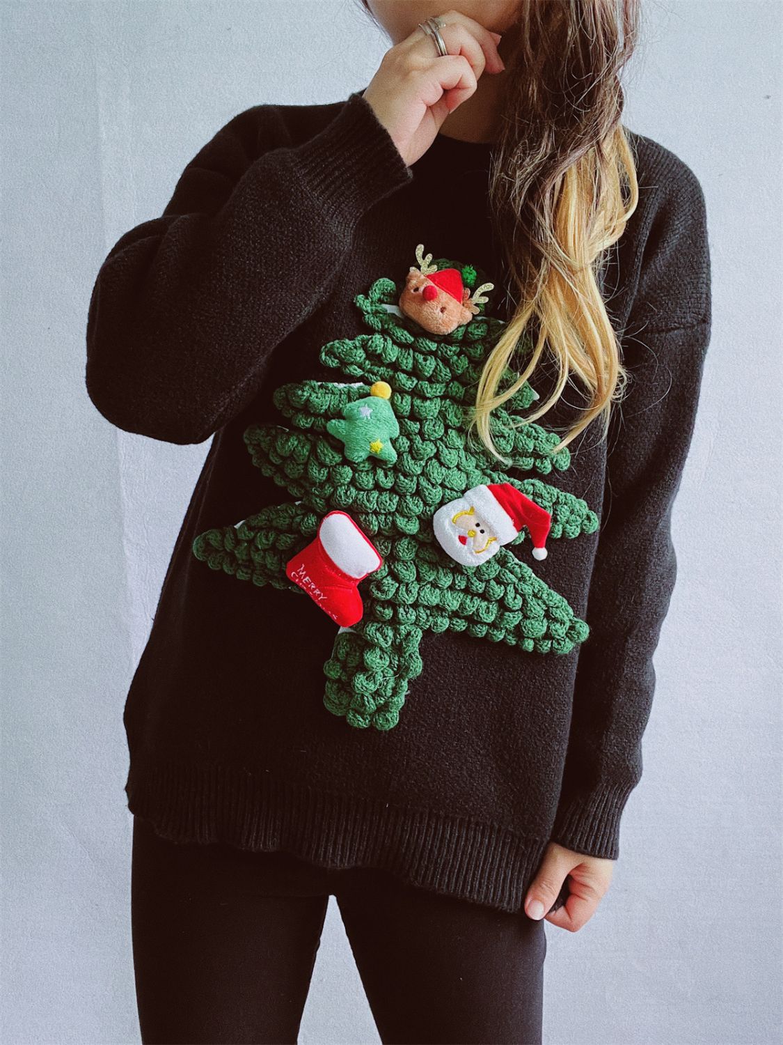 Christmas Tree Round Neck Long Sleeve Sweater - Charming Charlie
