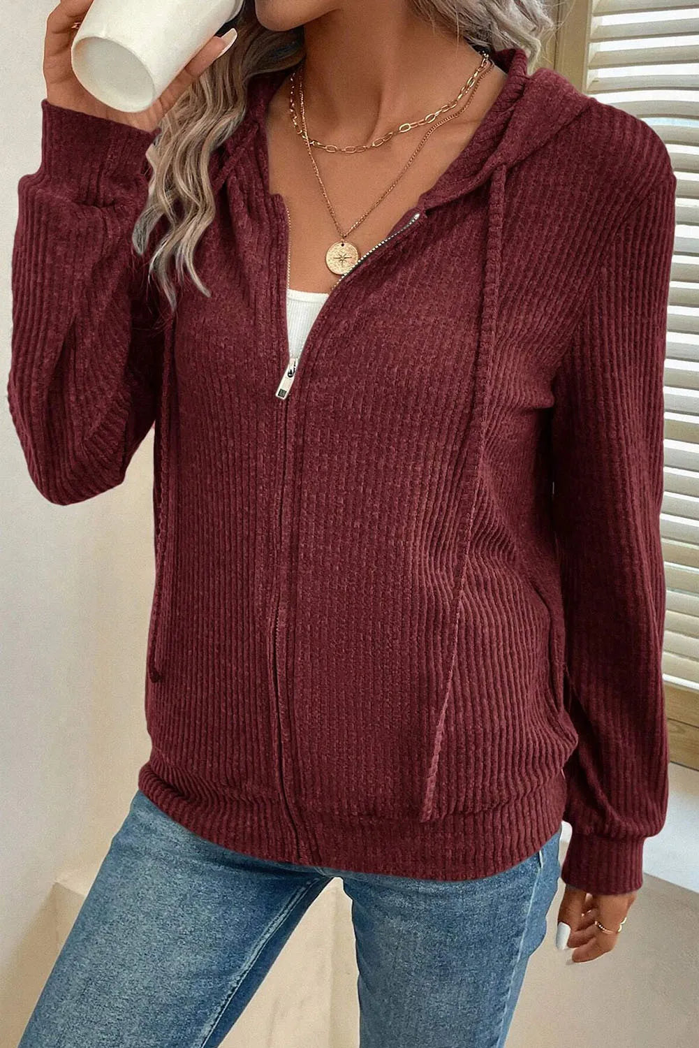Drawstring Zip Up Long Sleeve Hooded Jacket - Charming Charlie