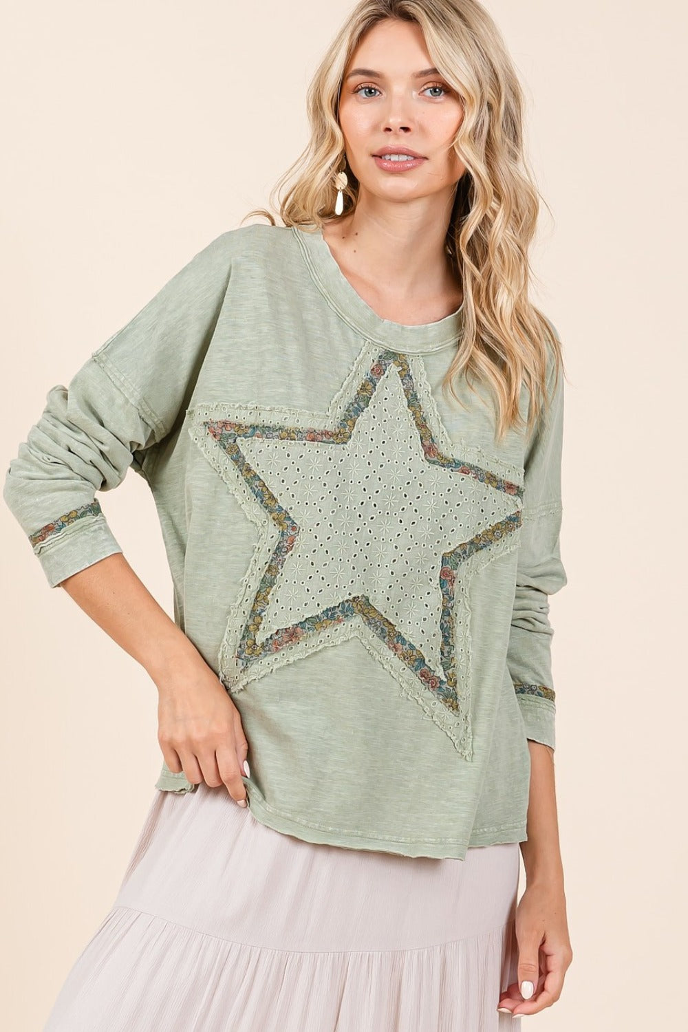 Mittoshop Mineral Wash Star Patch Long Sleeve T-Shirt - Charming Charlie