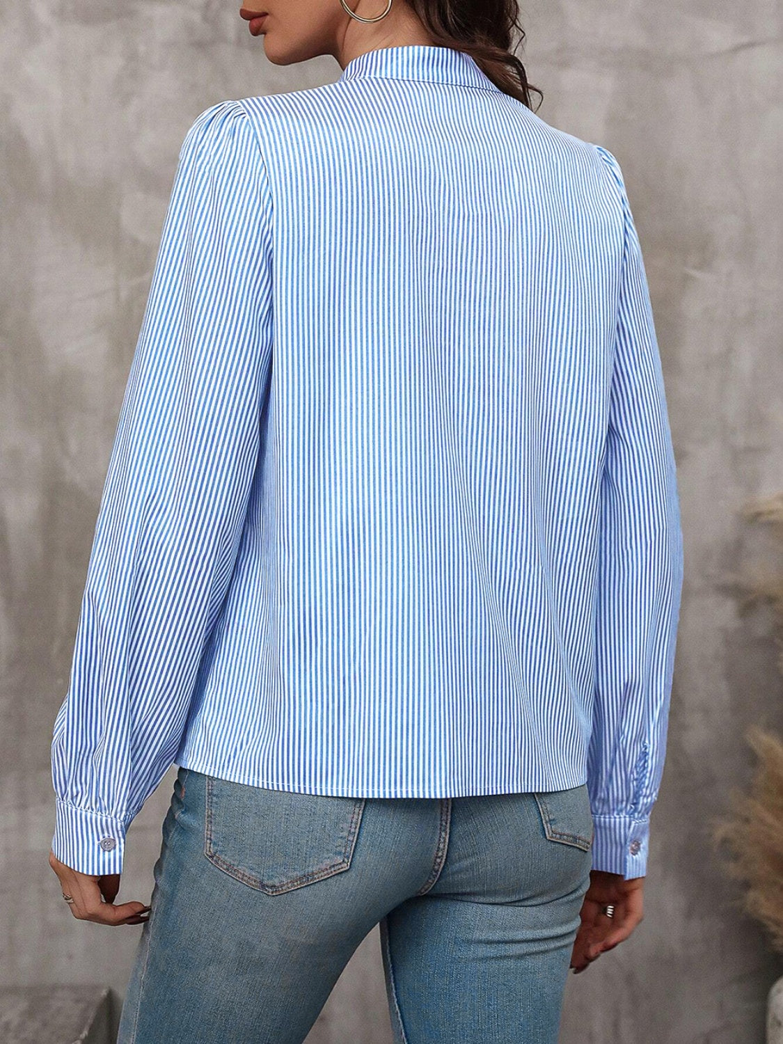Striped Tie Neck Long Sleeve Blouse - Charming Charlie