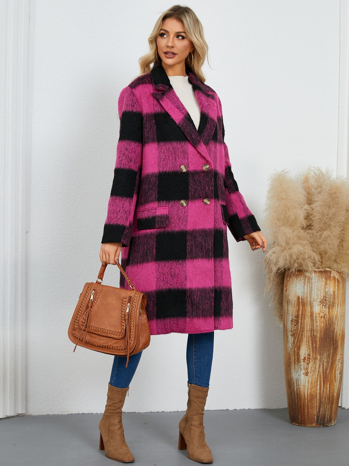 Plaid Double-Breasted Long Sleeve Coat - Charming Charlie