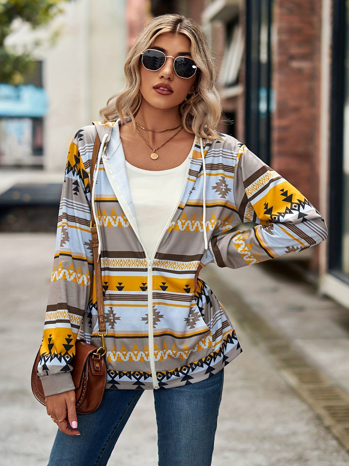 Geometric Zip Up Long Sleeve Hooded Jacket - Charming Charlie