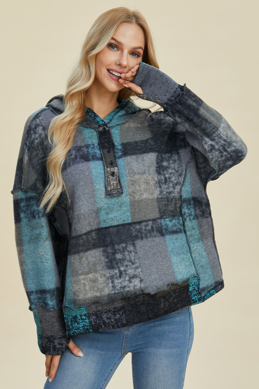 Double Take Full Size Plaid Dropped Shoulder Fleece Hoodie - Charming Charlie