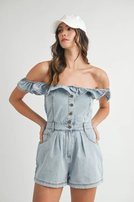 MABLE Striped Puff Sleeve Collared Neck Romper