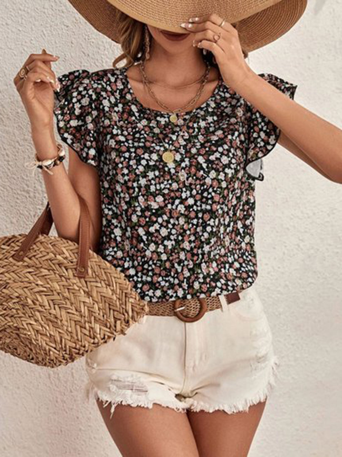 Ditsy Floral Round Neck Cap Sleeve Top - Charming Charlie