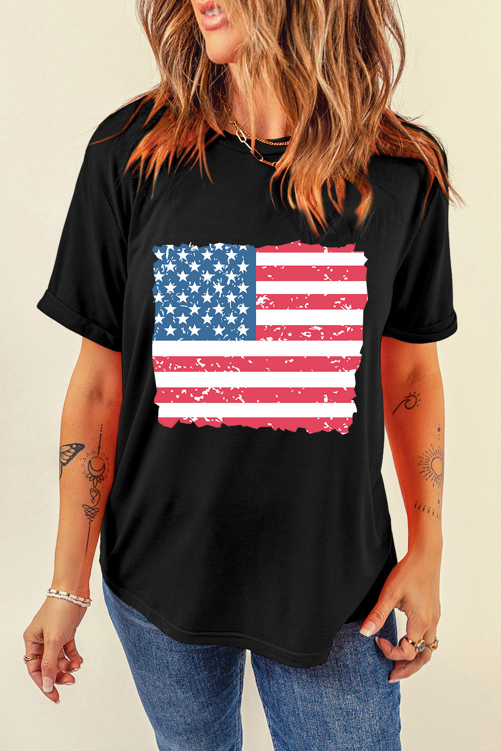 US Flag Round Neck Short Sleeve T-Shirt - Charming Charlie