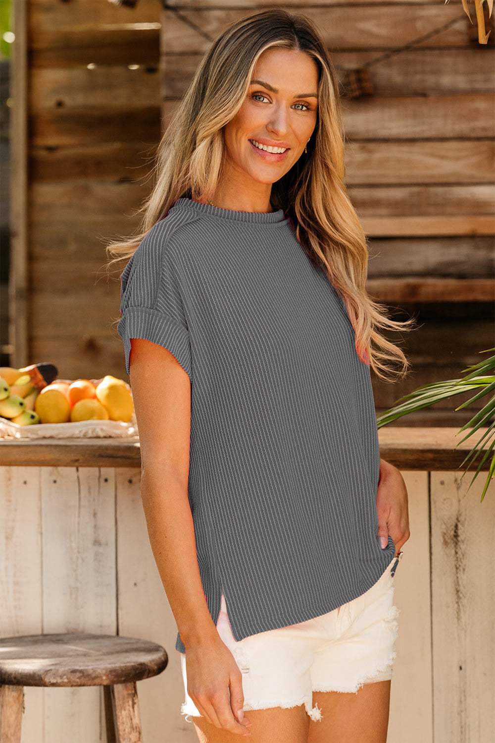 Exposed Seam Round Neck Short Sleeve T-Shirt - Charming Charlie
