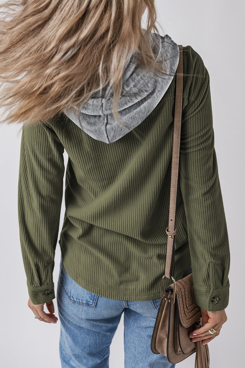 Drawstring Button Up Long Sleeve Hooded Jacket - Charming Charlie