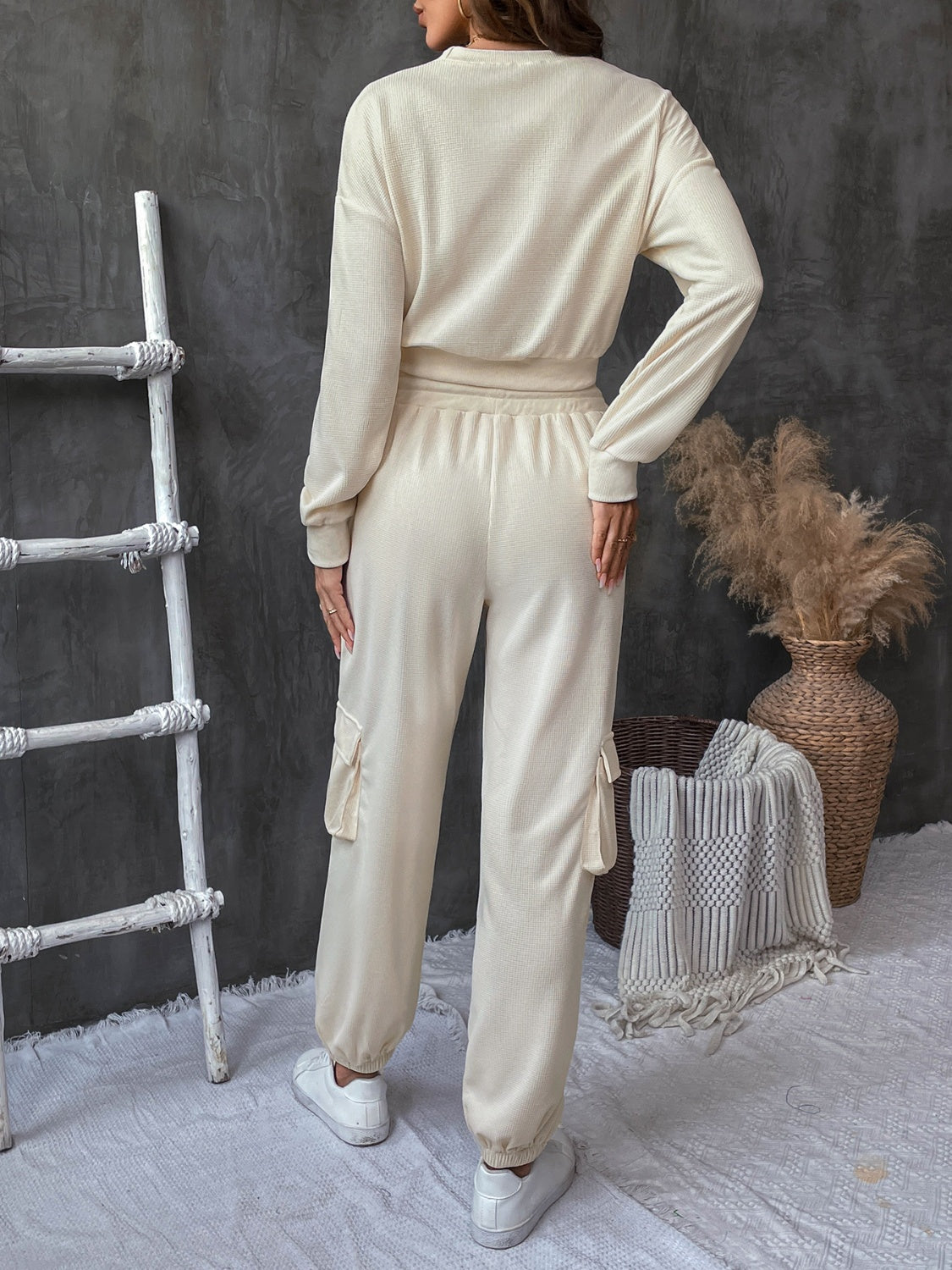 Round Neck Long Sleeve Top and Pants Set - Charming Charlie