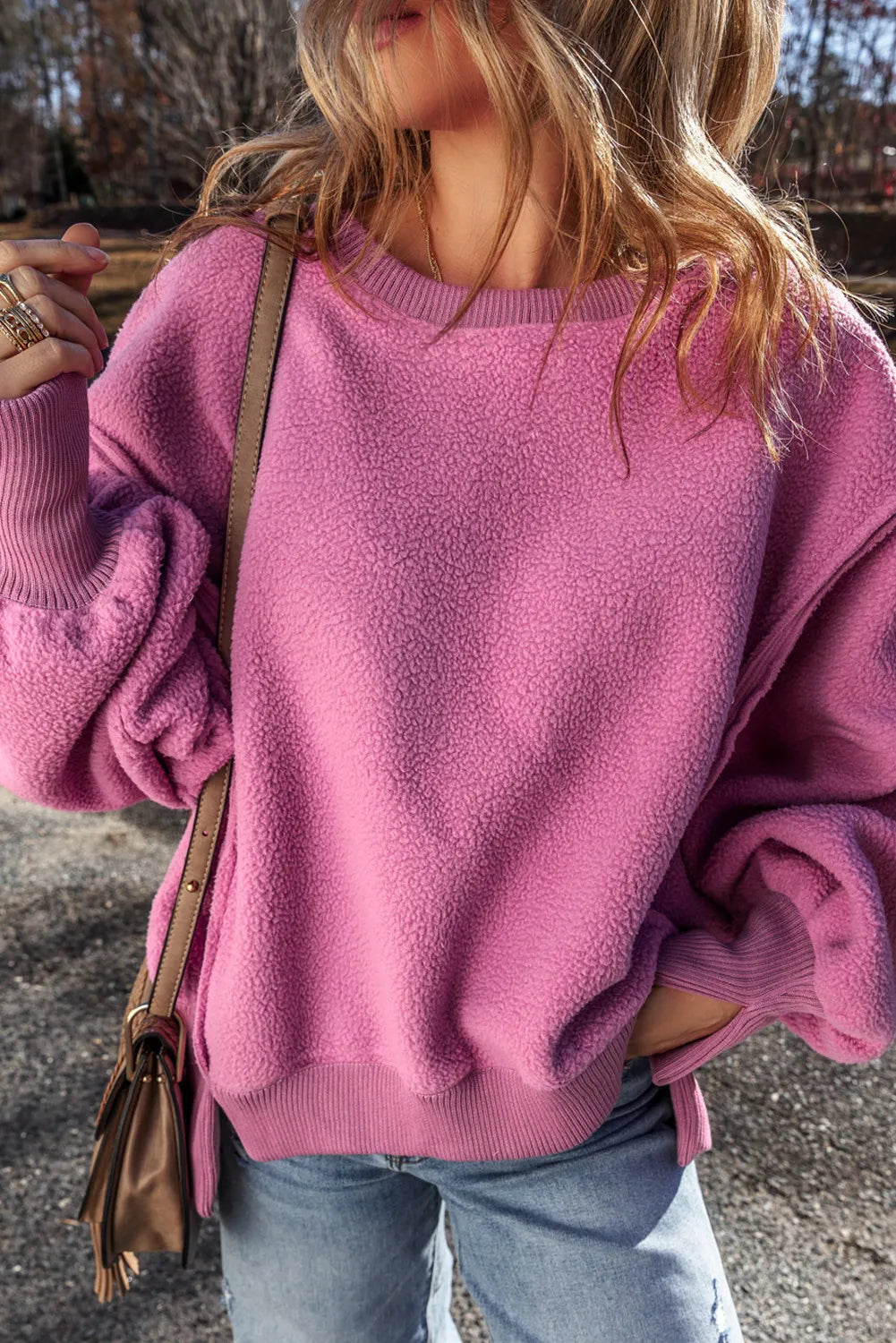 Slit Round Neck Long Sleeve Sweatshirt - Charming Charlie