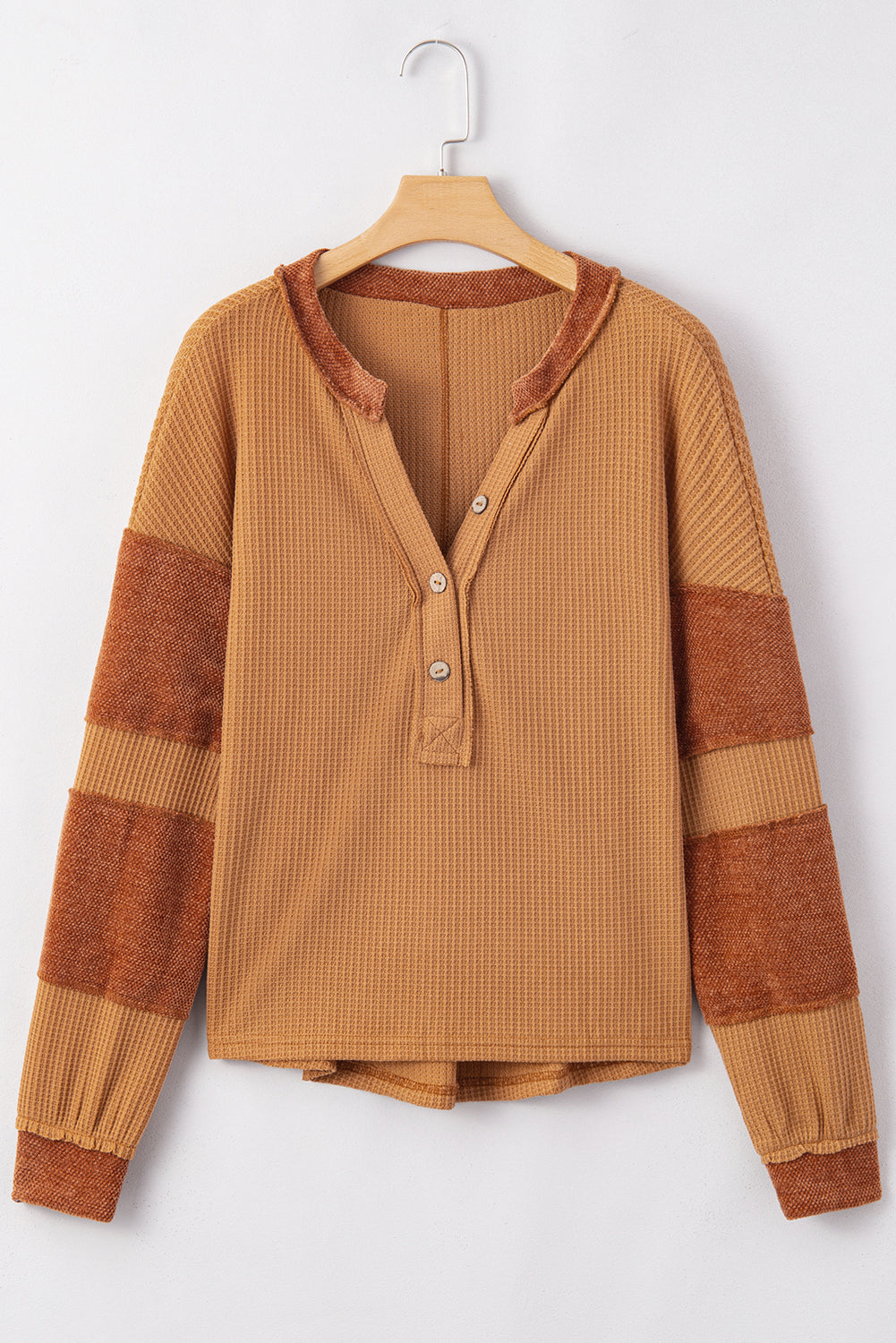 Contrast Patched Exposed Seam Waffle Knit Henley Top - Charming Charlie