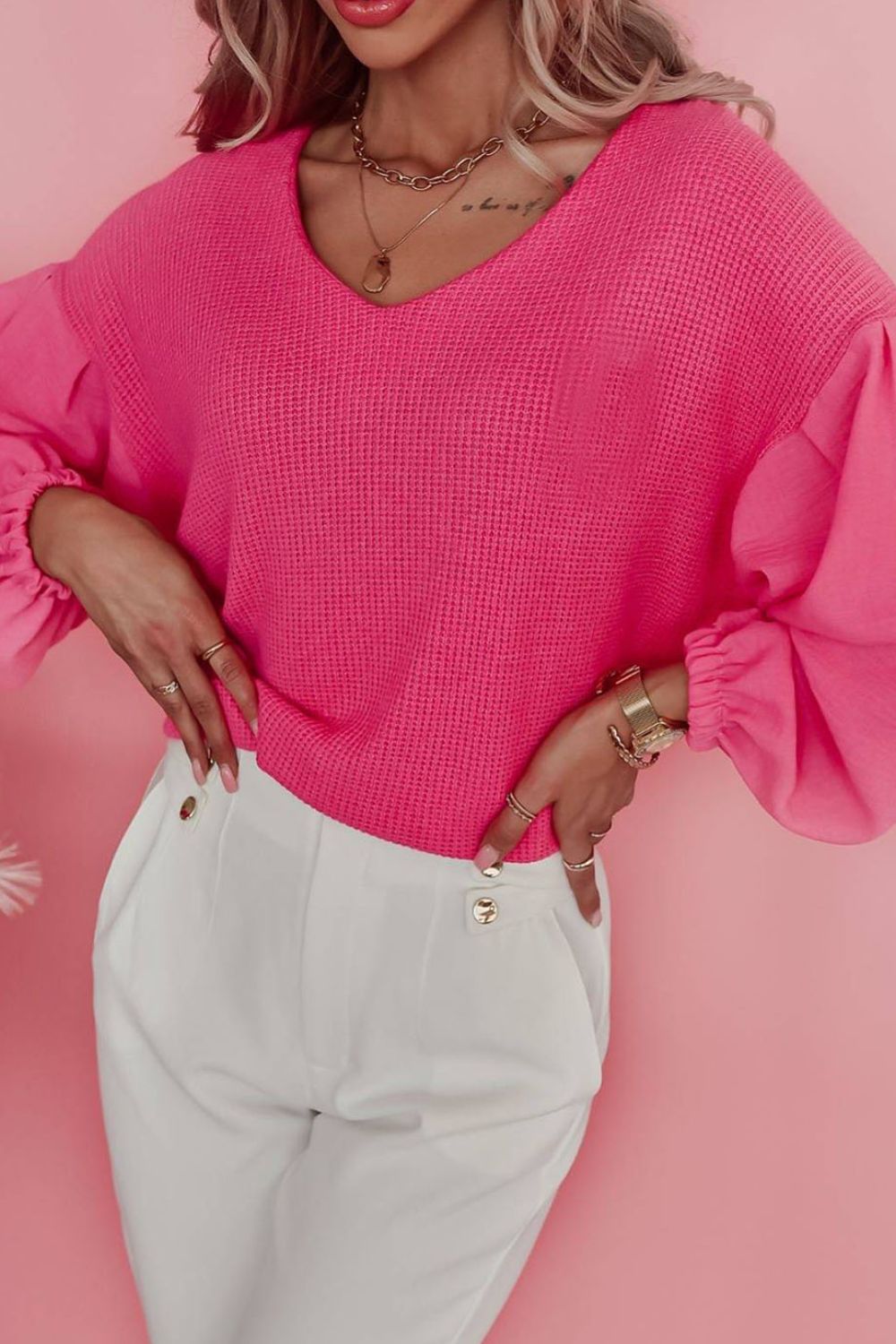 Waffle-Knit V-Neck Long Sleeve Blouse - Charming Charlie