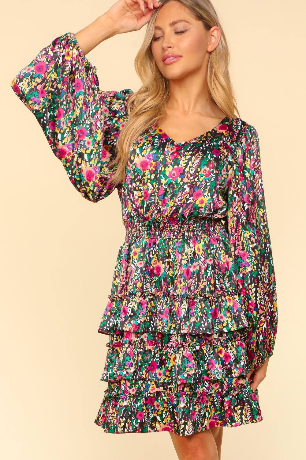 Haptics V-Neck Satin Floral Layered Dress - Charming Charlie
