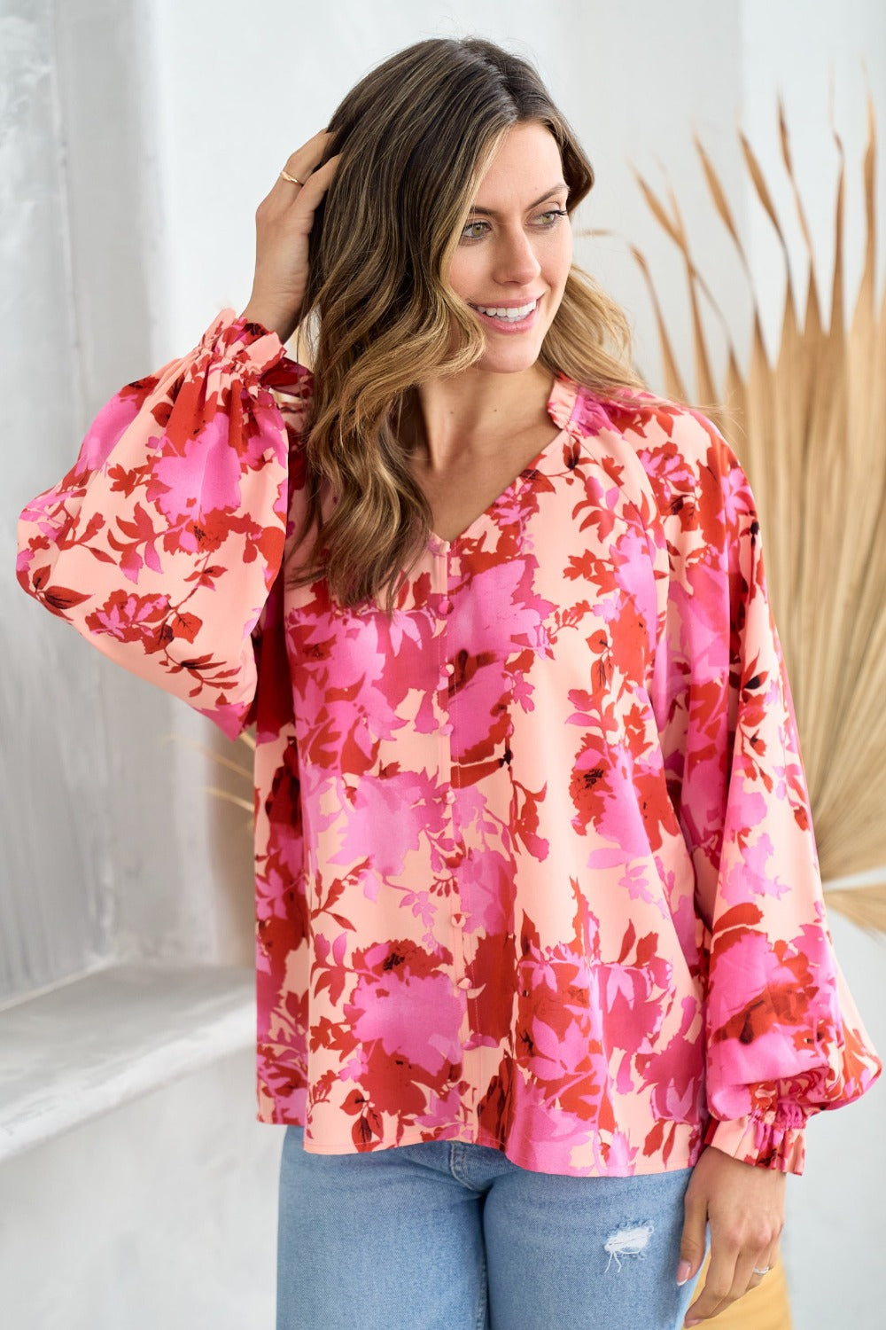 Hailey & Co Ruffle V-Neck Decor Button Floral Blouse - Charming Charlie