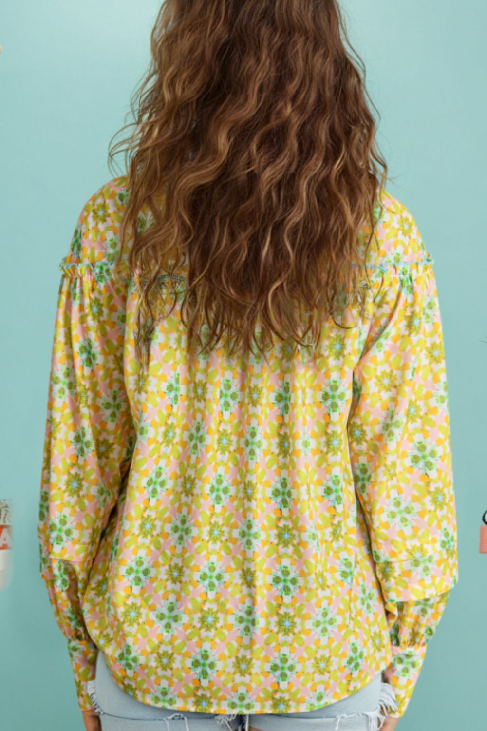 Frill Printed Collared Neck Long Sleeve Blouse - Charming Charlie