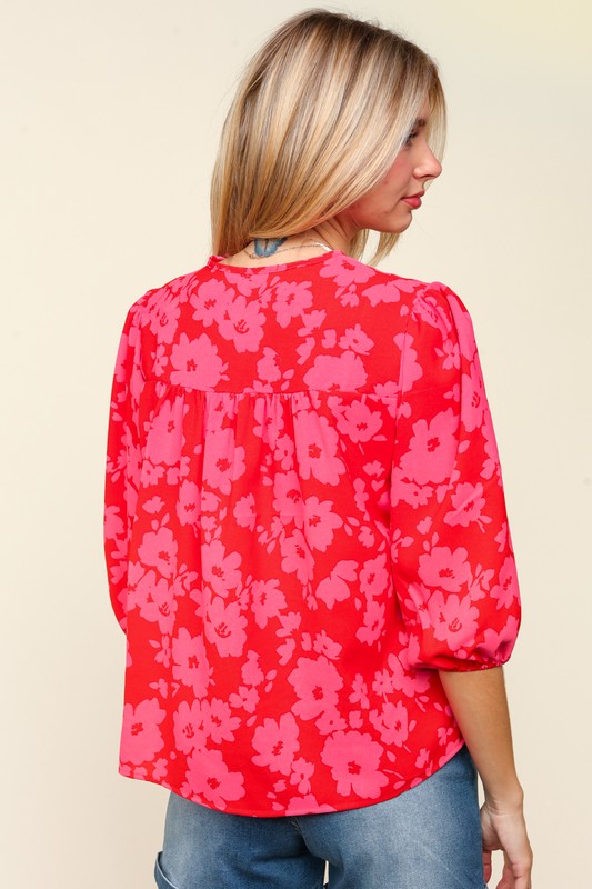 Haptics Full Size Ribbon Bow Floral Balloon Sleeve Blouse - Charming Charlie
