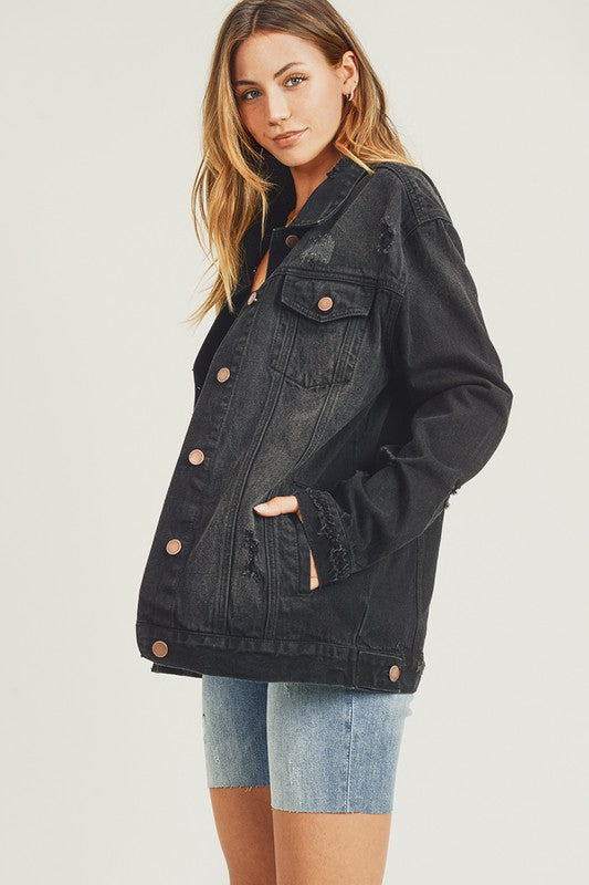 RISEN Full Size Distressed Long Sleeve Denim Jacket - Charming Charlie