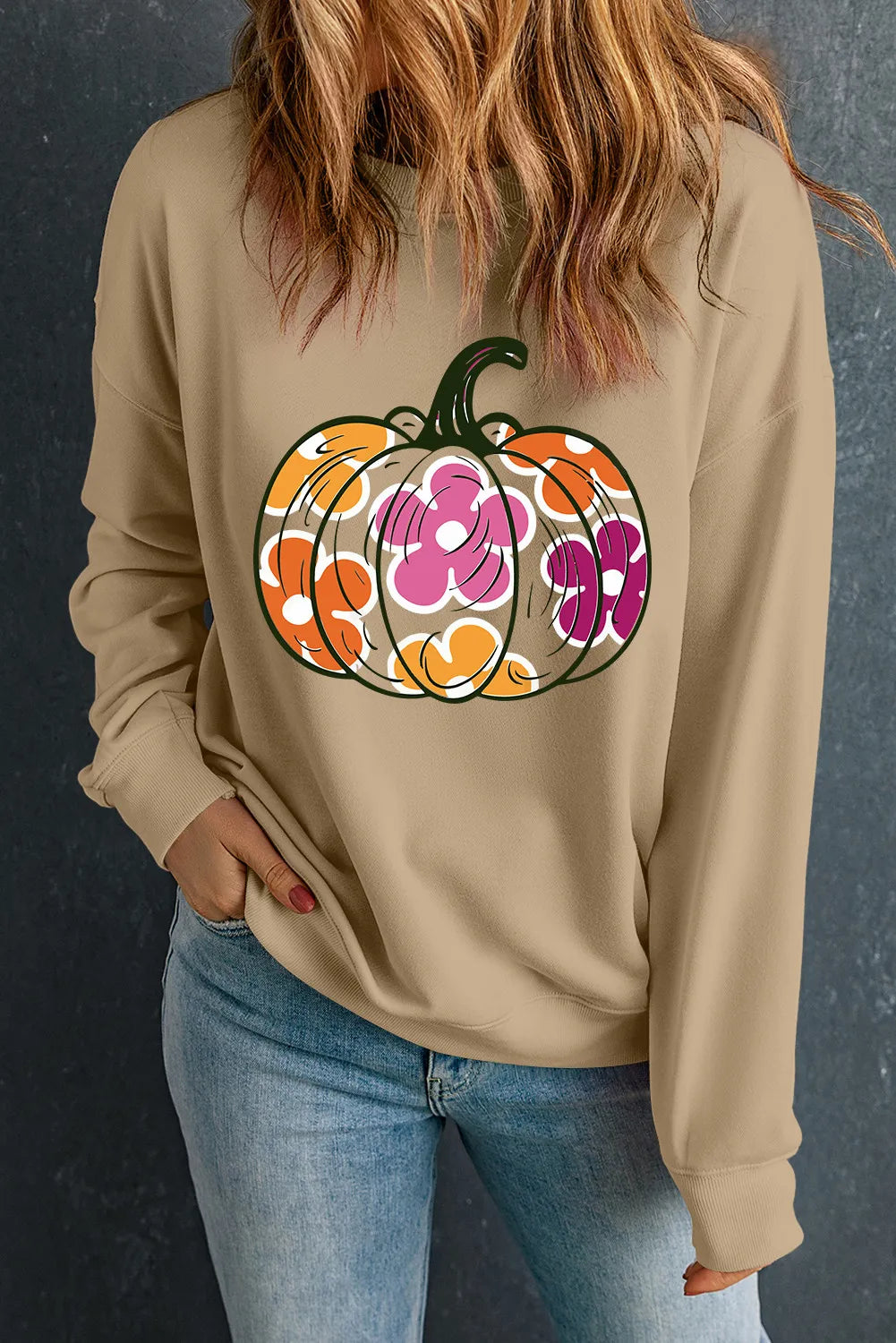 Pumpkin & Flower Graphic Long Sleeve Sweatshirt - Charming Charlie