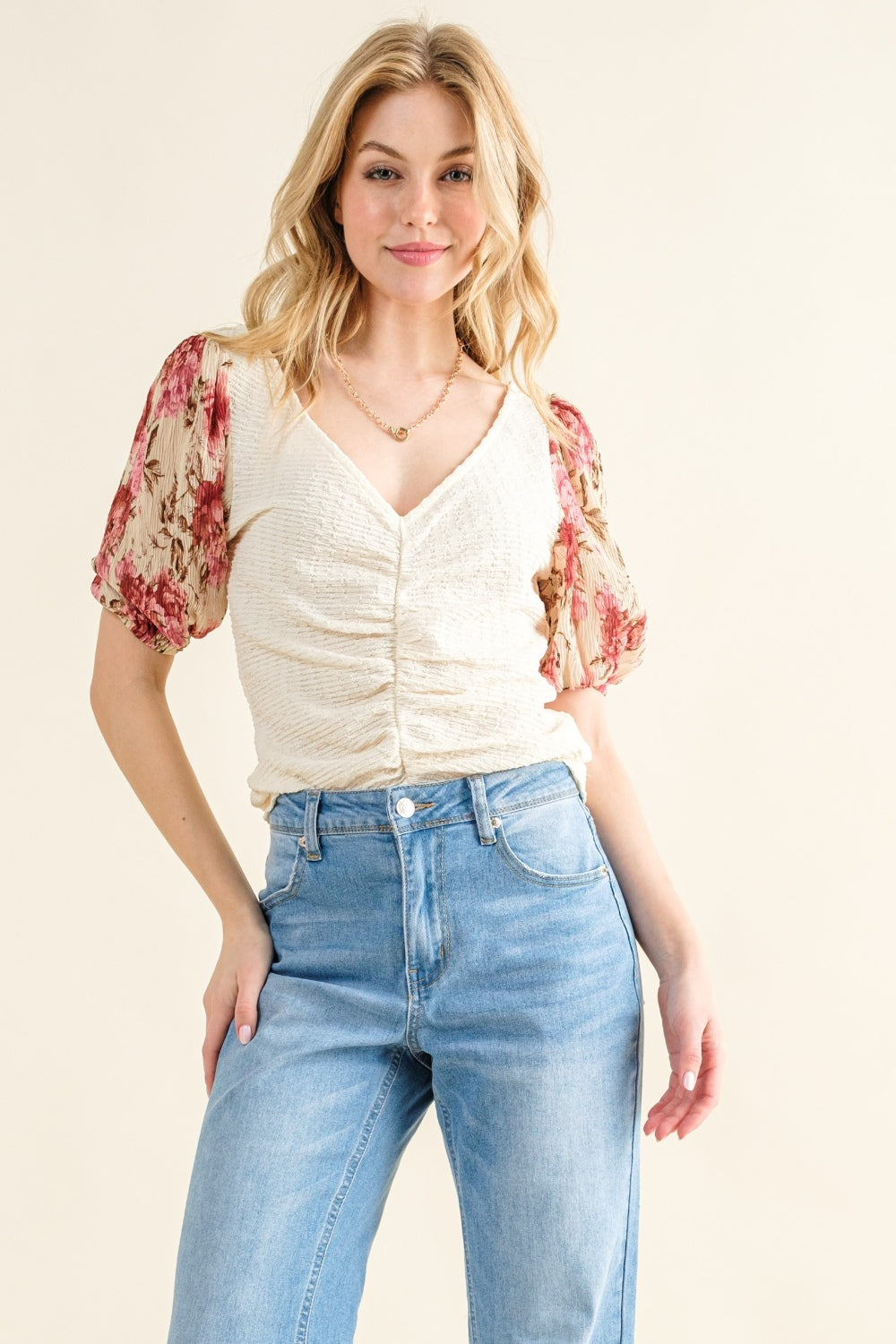 And The Why Full Size Floral Print Textured Sleeve Knit Top - Charming Charlie