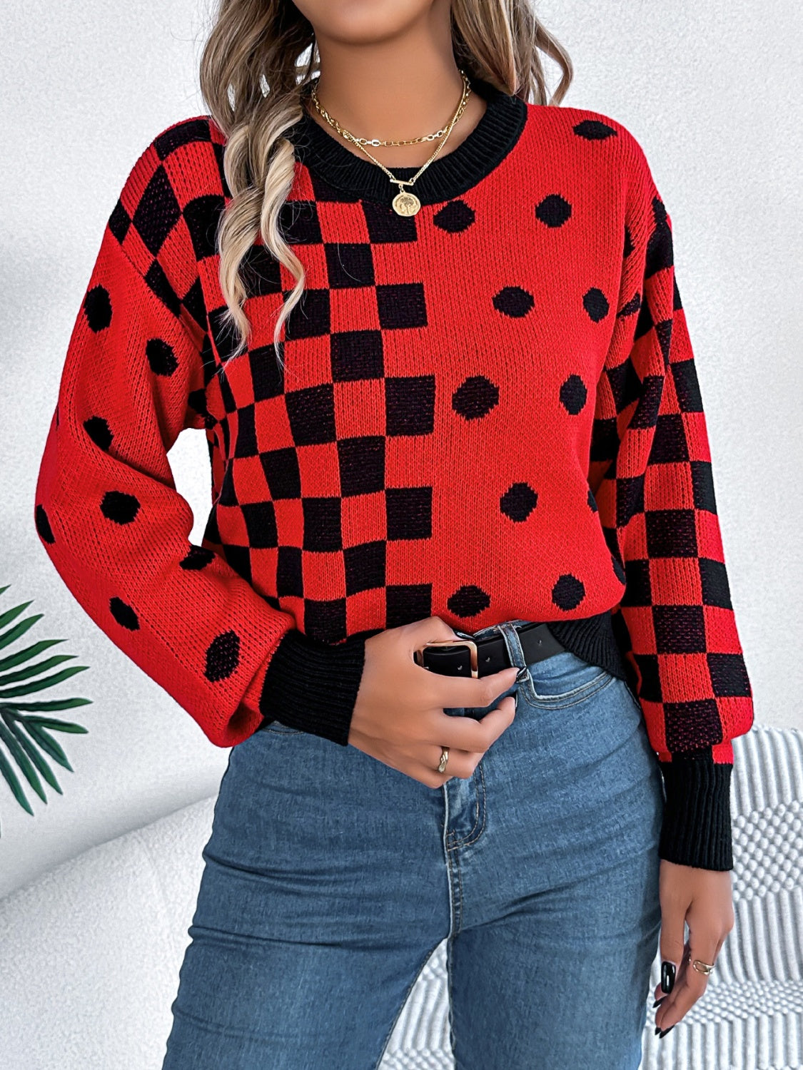 Plaid Round Neck Long Sleeve Sweater - Charming Charlie
