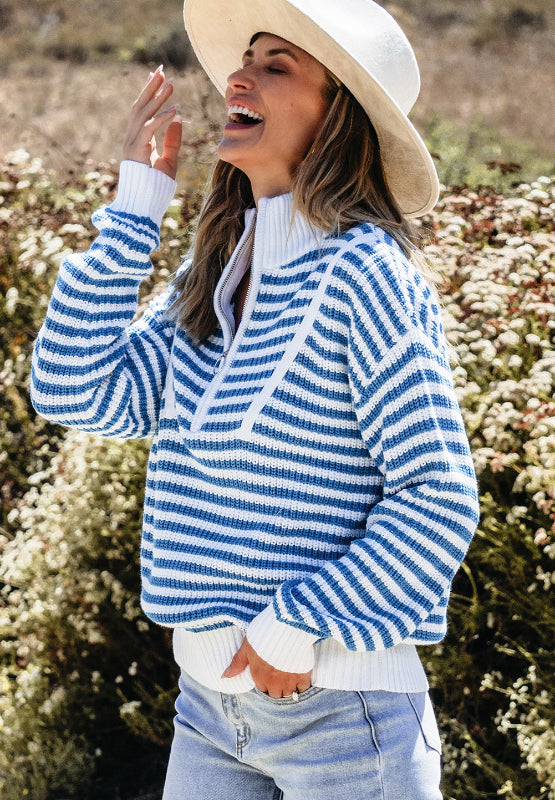 Striped Half Zip Mock Neck Long Sleeve Sweater - Charming Charlie