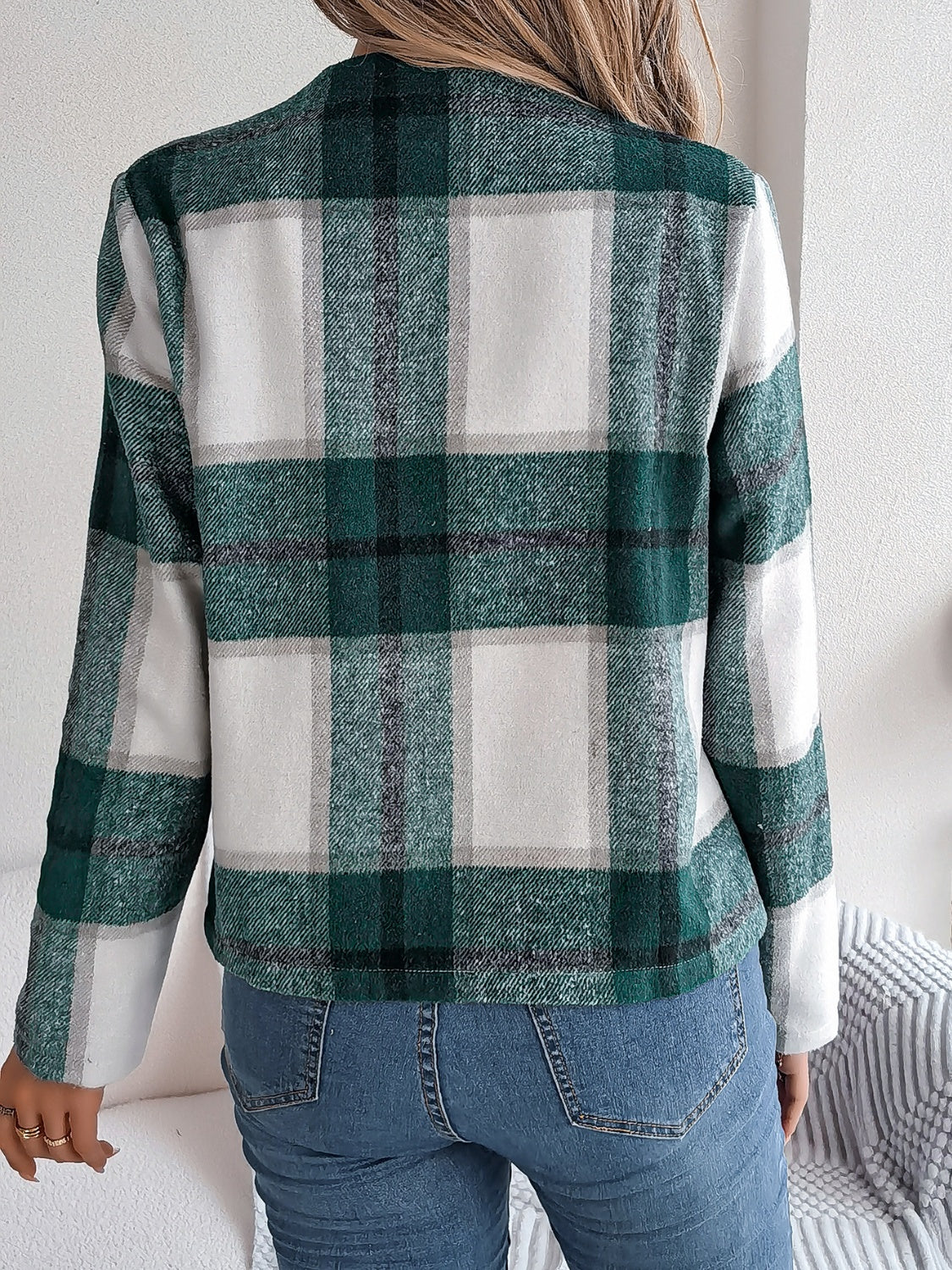Plaid Open Front Long Sleeve Jacket - Charming Charlie