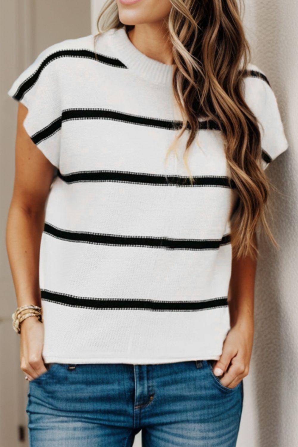 Striped Round Neck Cap Sleeve Sweater - Charming Charlie