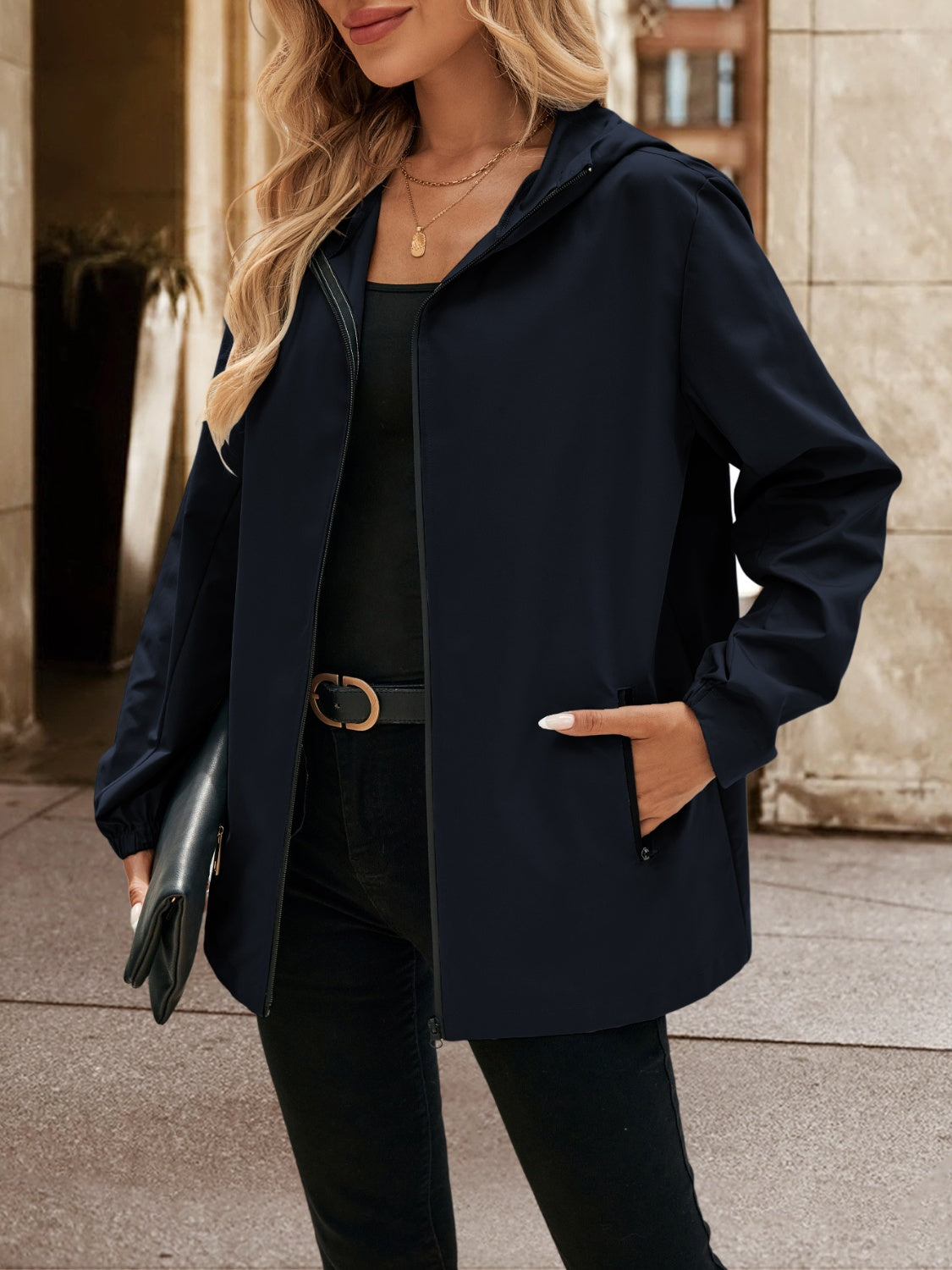 Pocketed Zip Up Hooded Jacket - Charming Charlie