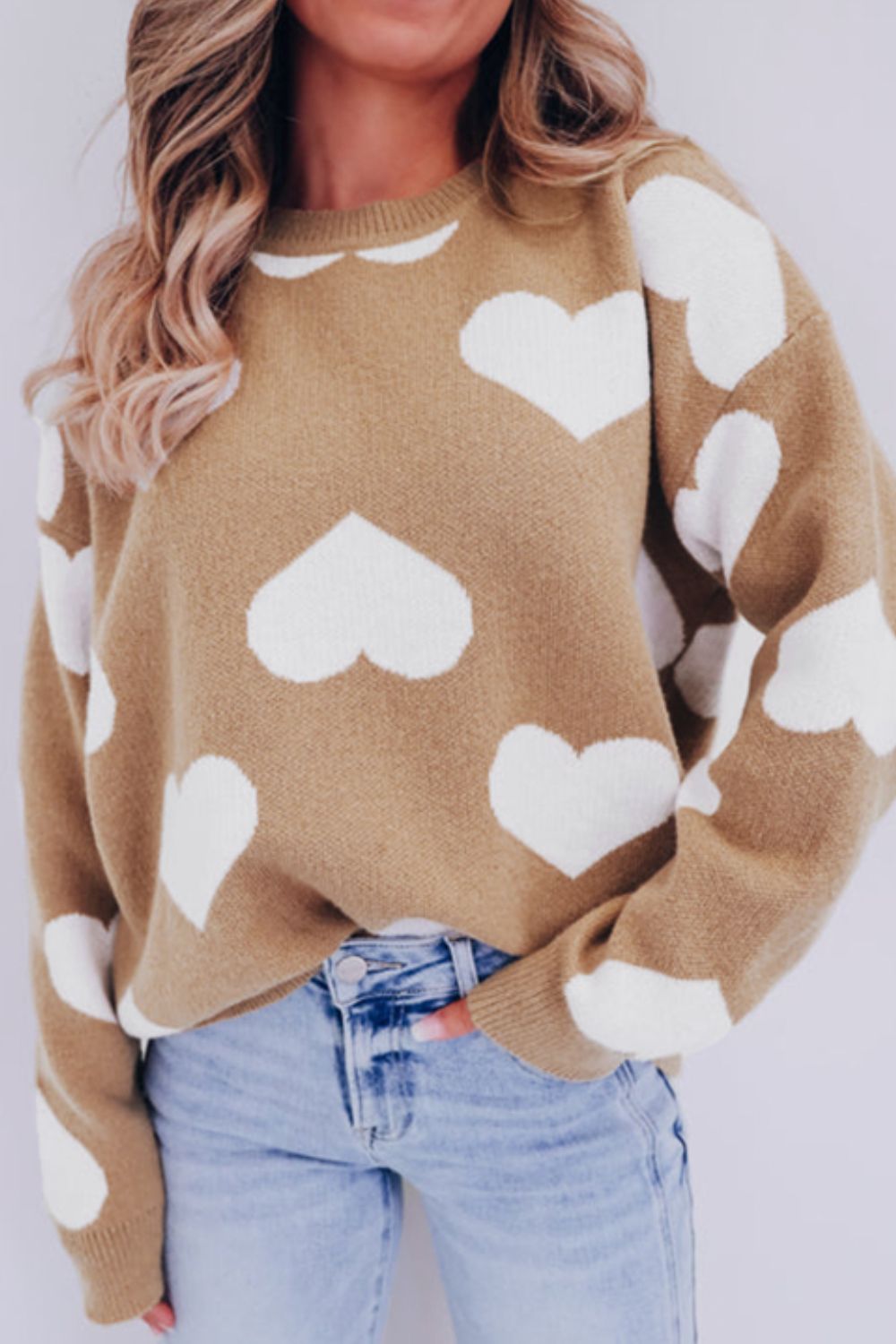 Heart Round Neck Long Sleeve Sweater - Charming Charlie