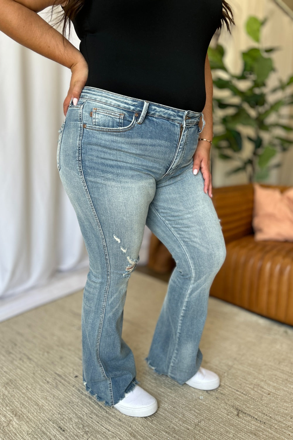 Judy Blue Full Size Medium Rise Tummy Control Destroy Flare - Charming Charlie