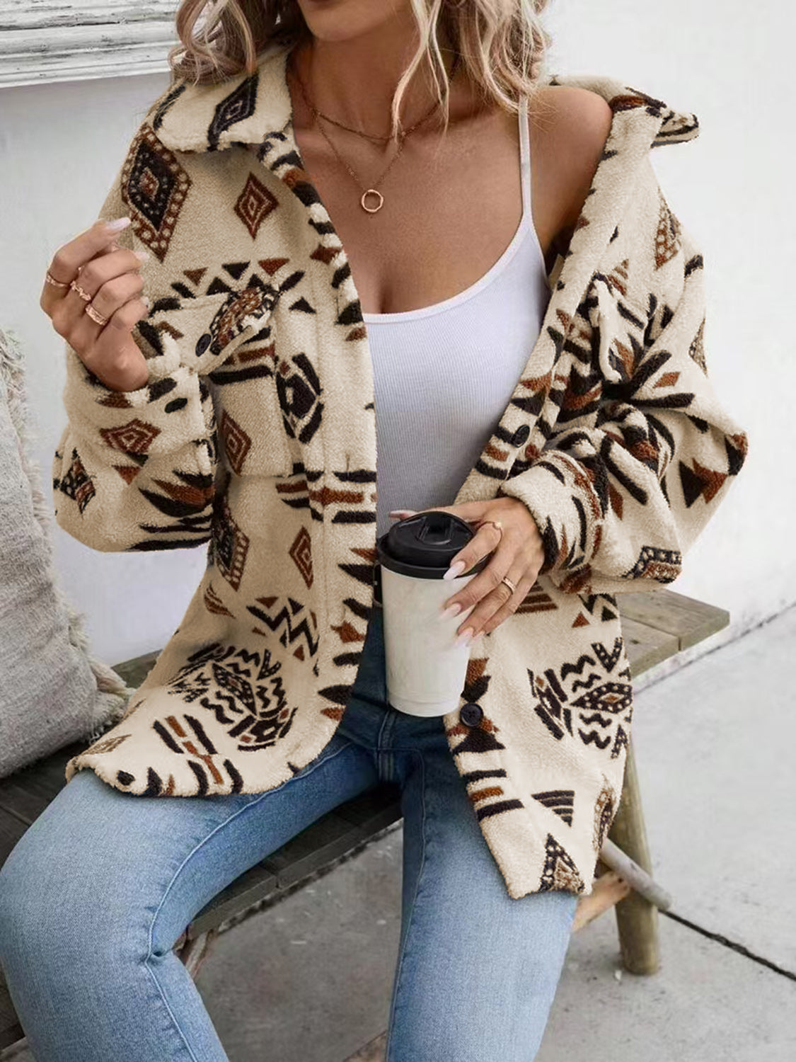 Geometric Button Up Dropped Shoulder Jacket - Charming Charlie