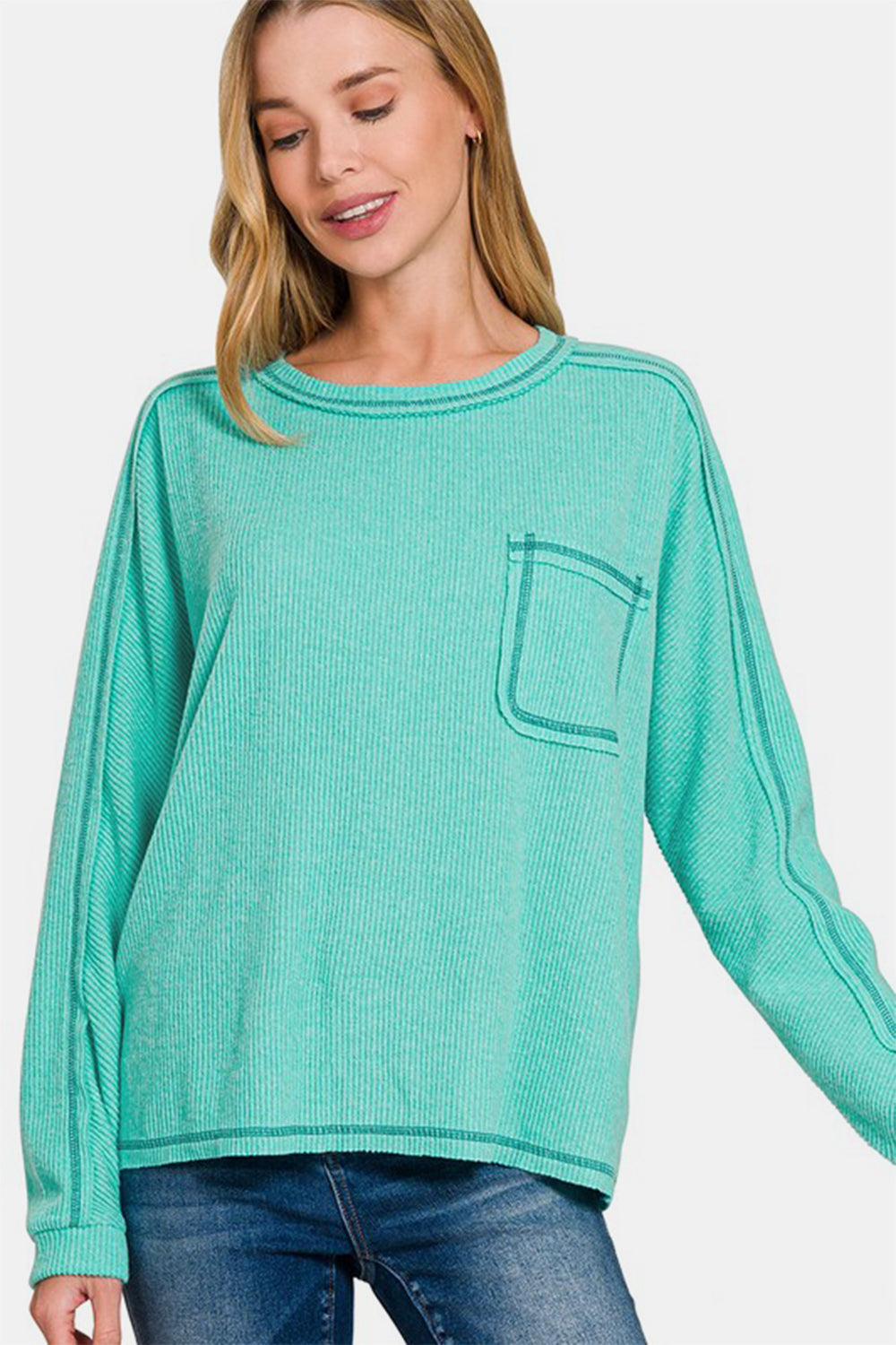 Zenana Full Size Contrast Stitching Brushed Ribbed Hacci Knit Top Plus Size - Charming Charlie