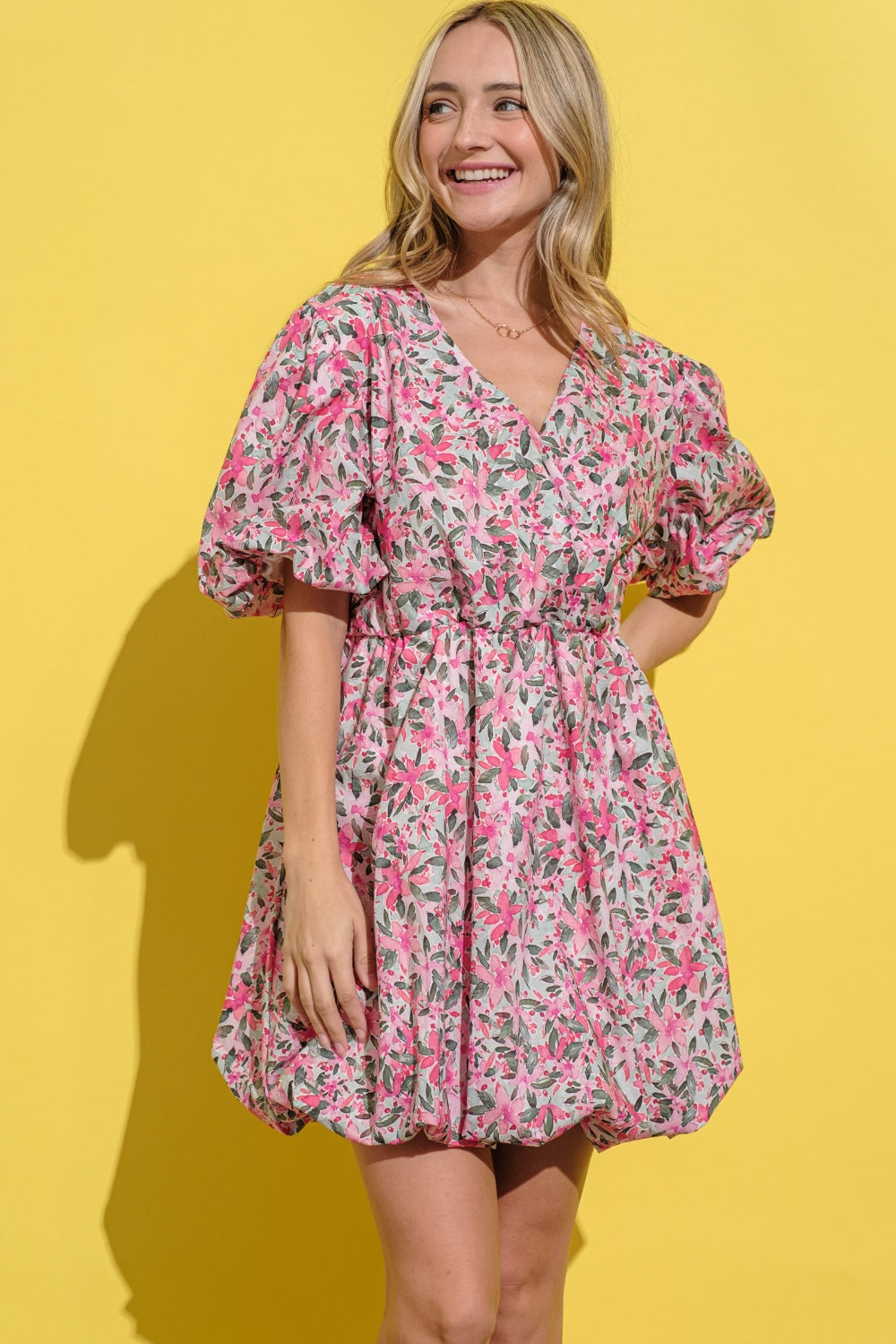 And The Why Full Size Floral Surplice Puff Sleeve Dress - Charming Charlie