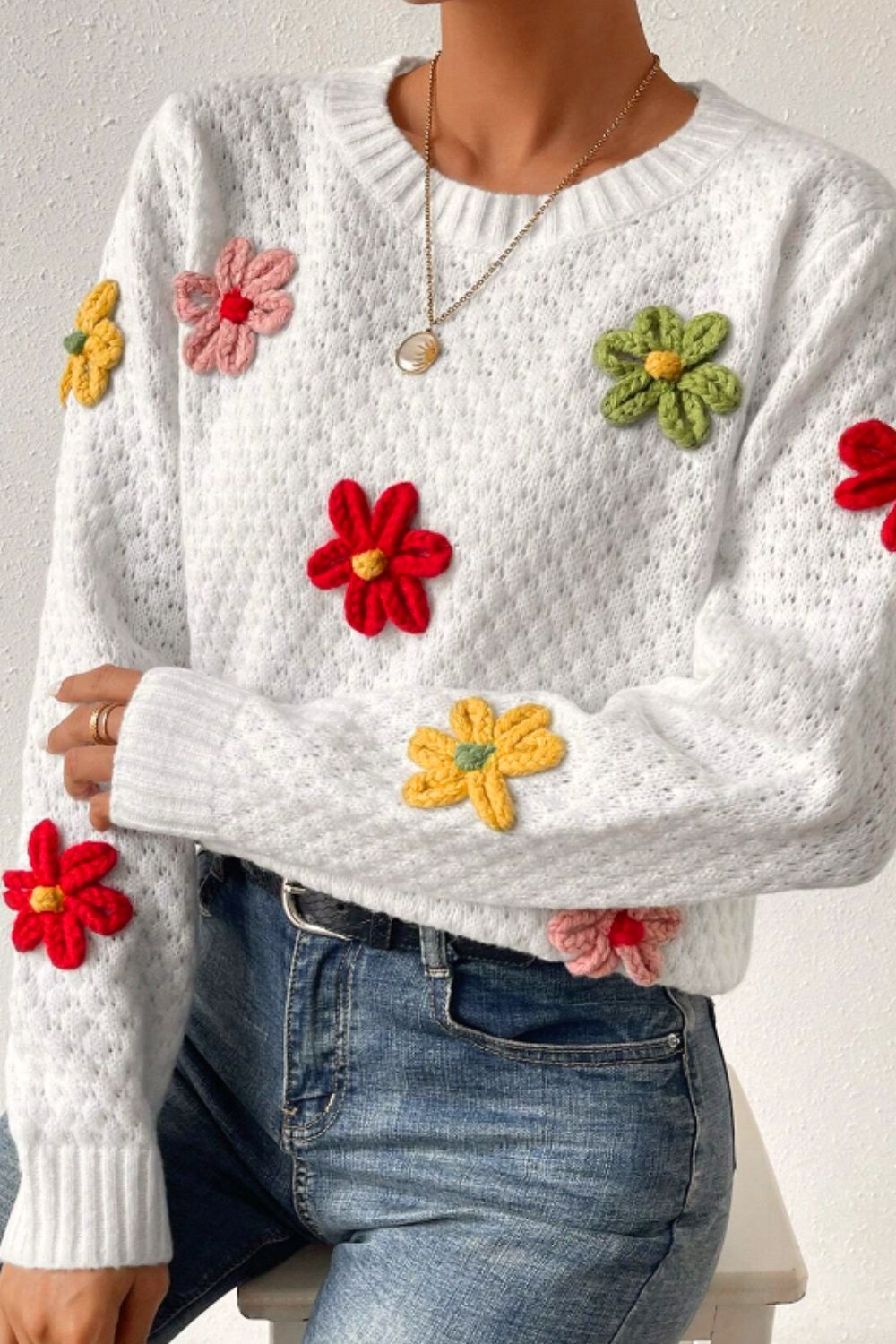 Crochet Flower Round Neck Long Sleeve Sweater - Charming Charlie