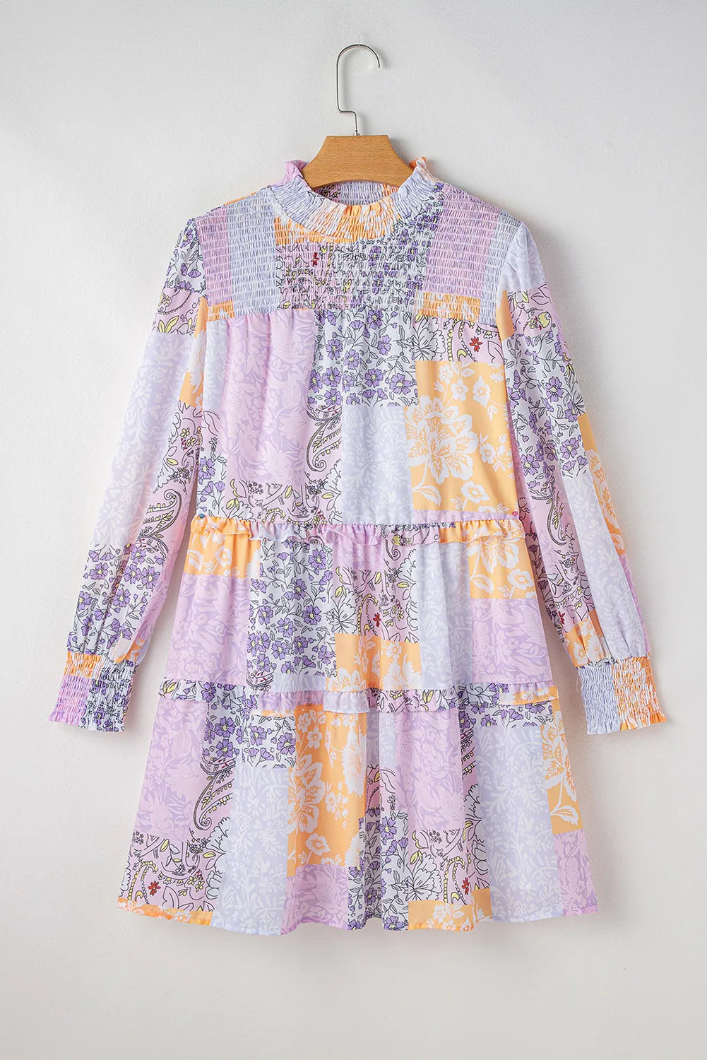 Frill Printed Mock Neck Long Sleeve Mini Dress - Charming Charlie