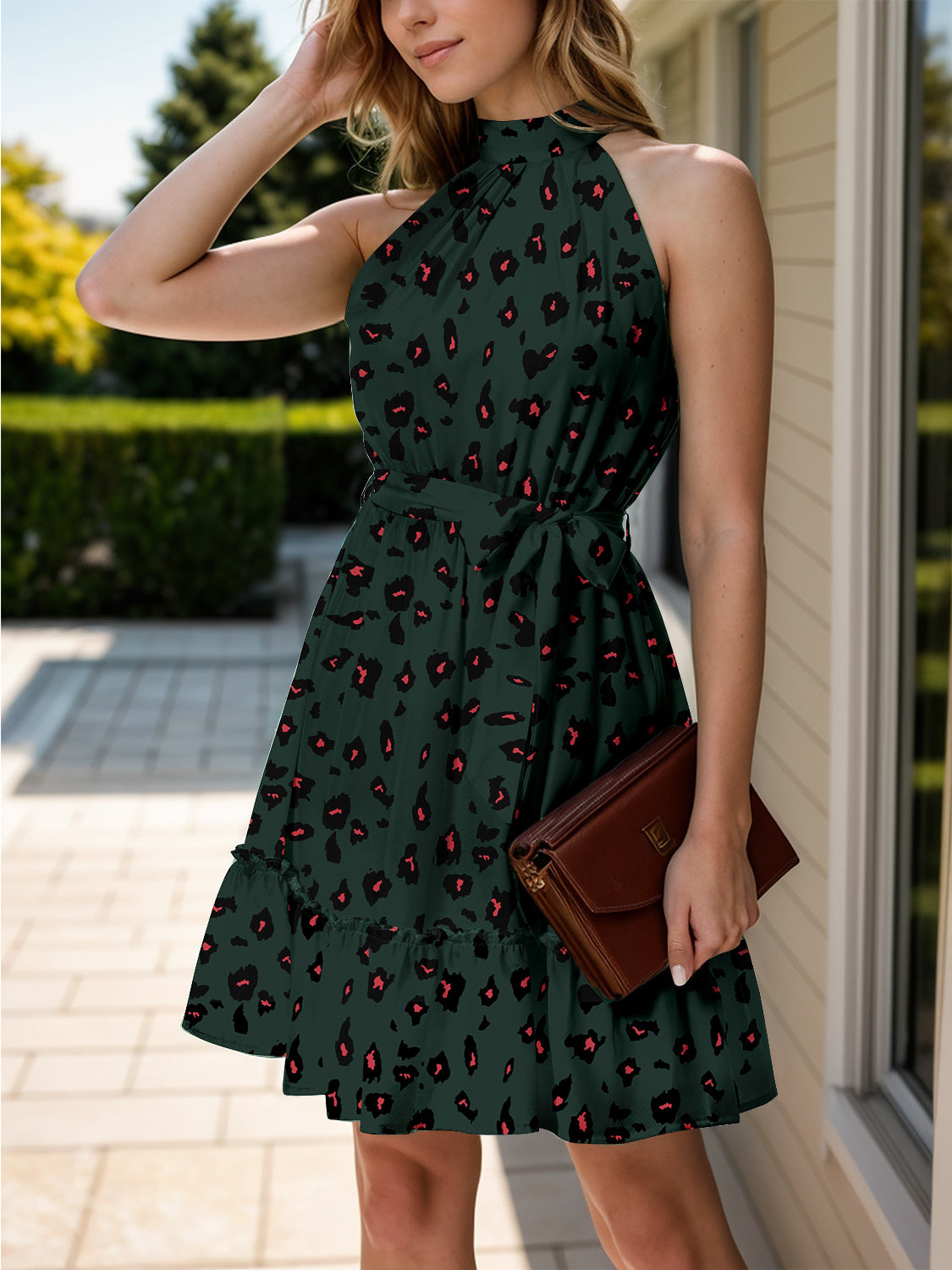 Frill Grecian Neck Tie Waist Mini Dress - Charming Charlie